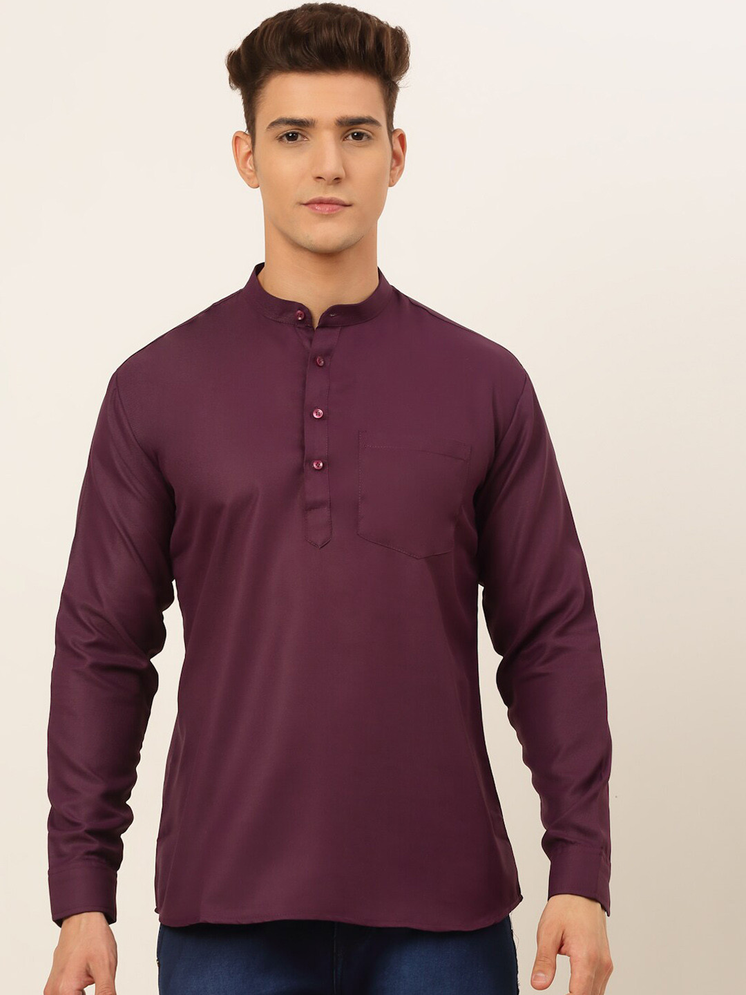 Jompers Men Purple Solid 100% Cotton Straight Kurta