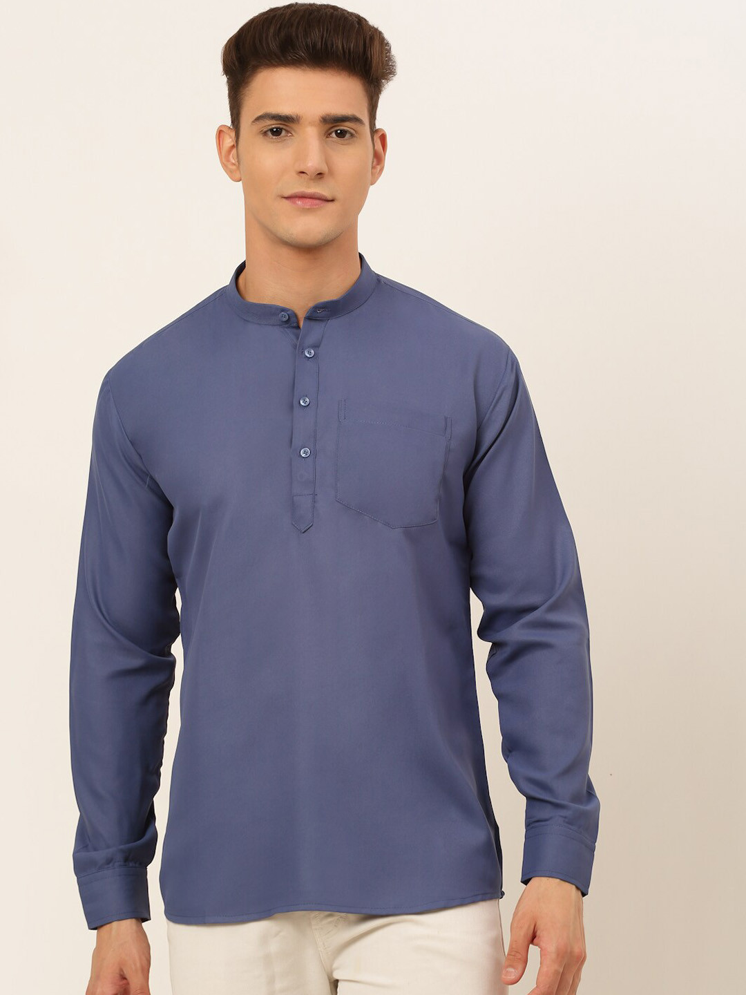 Jompers Men Blue Solid Short Cotton Kurta