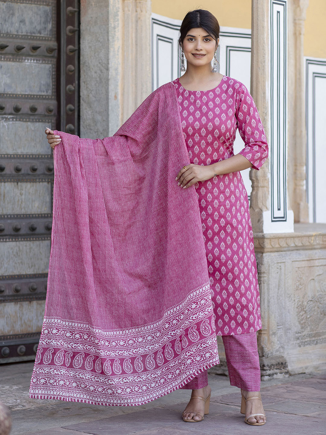 Nayo Women Pink & White Printed Pure Cotton Kurta with Palazzos & With Dupatta