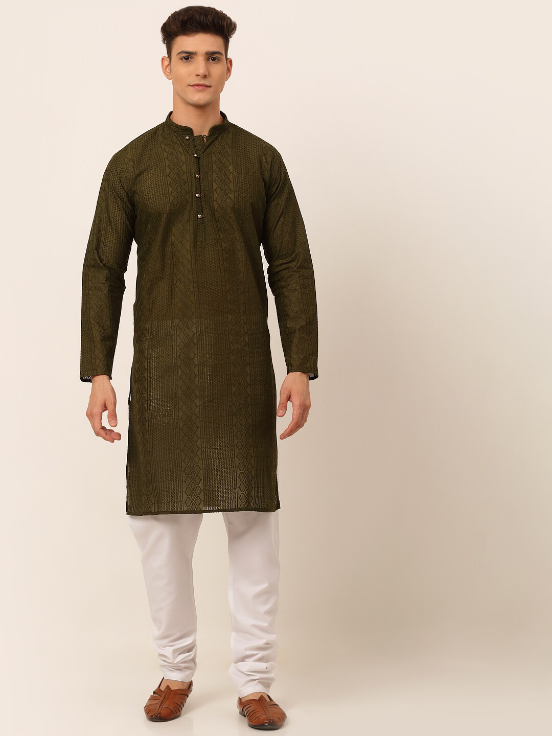 Jompers Men Olive Green Chikankari Dupion Silk Kurta with Churidar