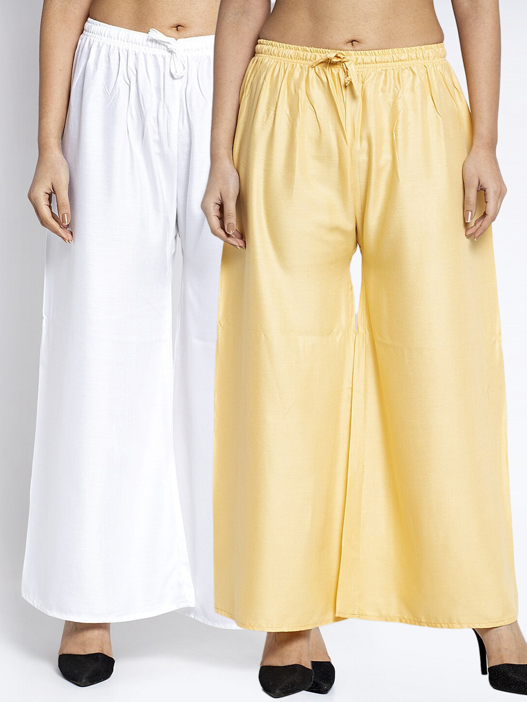 GRACIT Women White & Beige Pack Of 2 Rayon Solid Palazzos