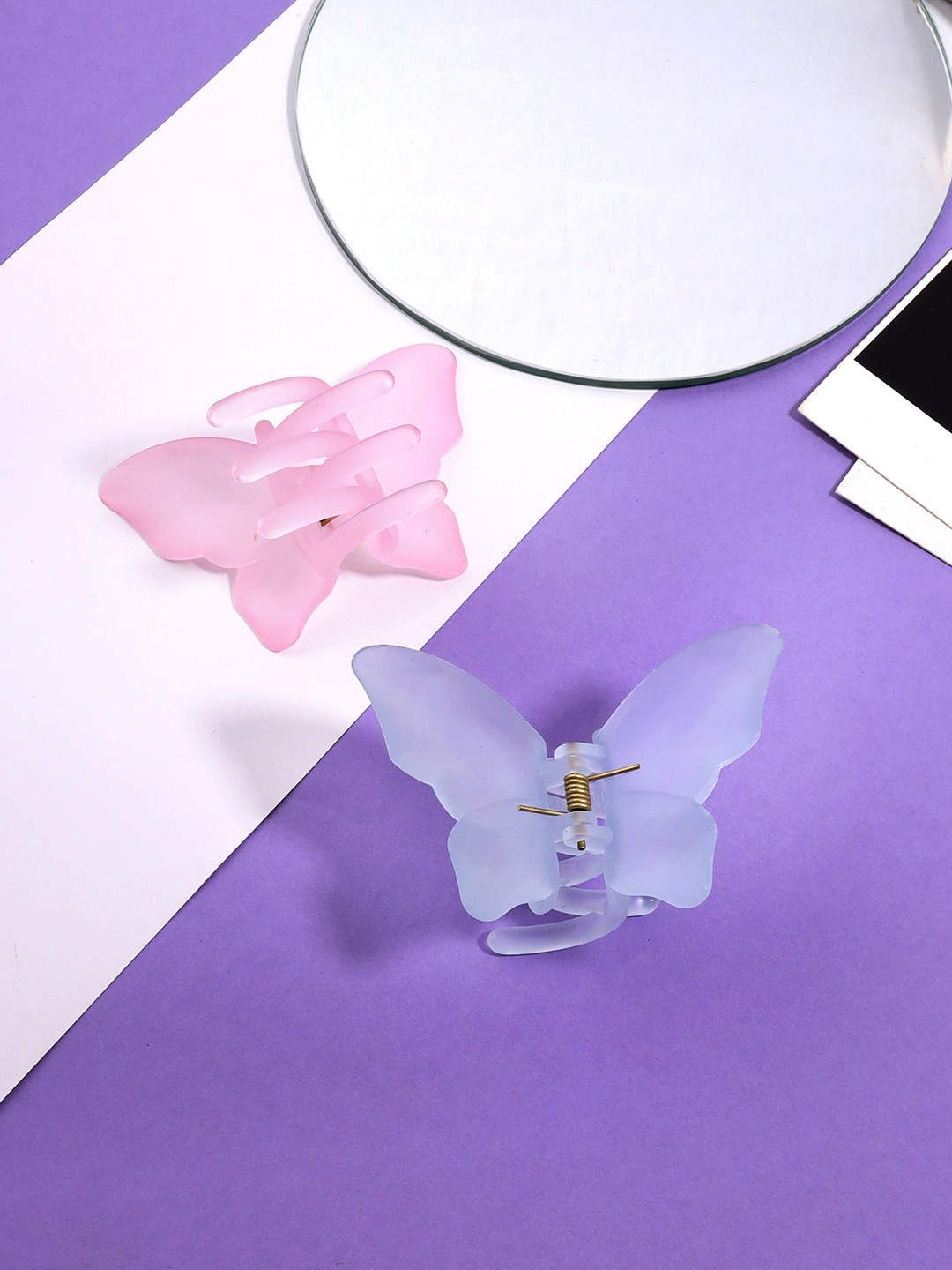 Yellow Chimes Women Pink & Blue Set of 2 Butterfly Clear Hair Claws Clips