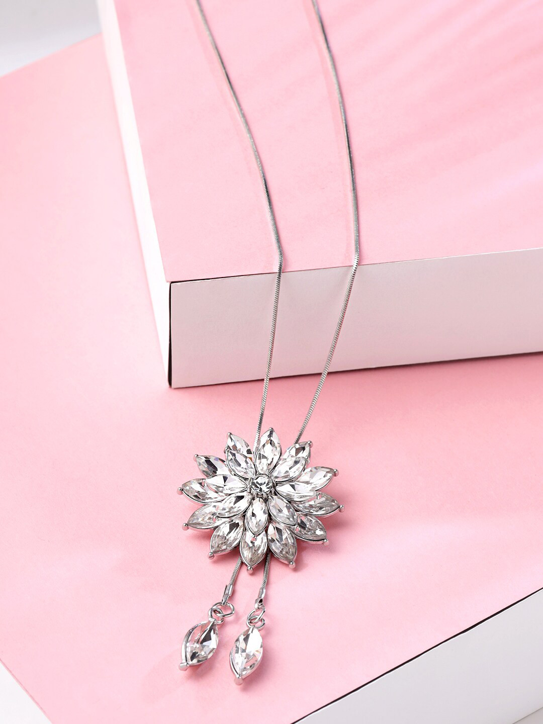 Yellow Chimes Women Silver-Toned & White Crystal Long Chain Pendant Necklace