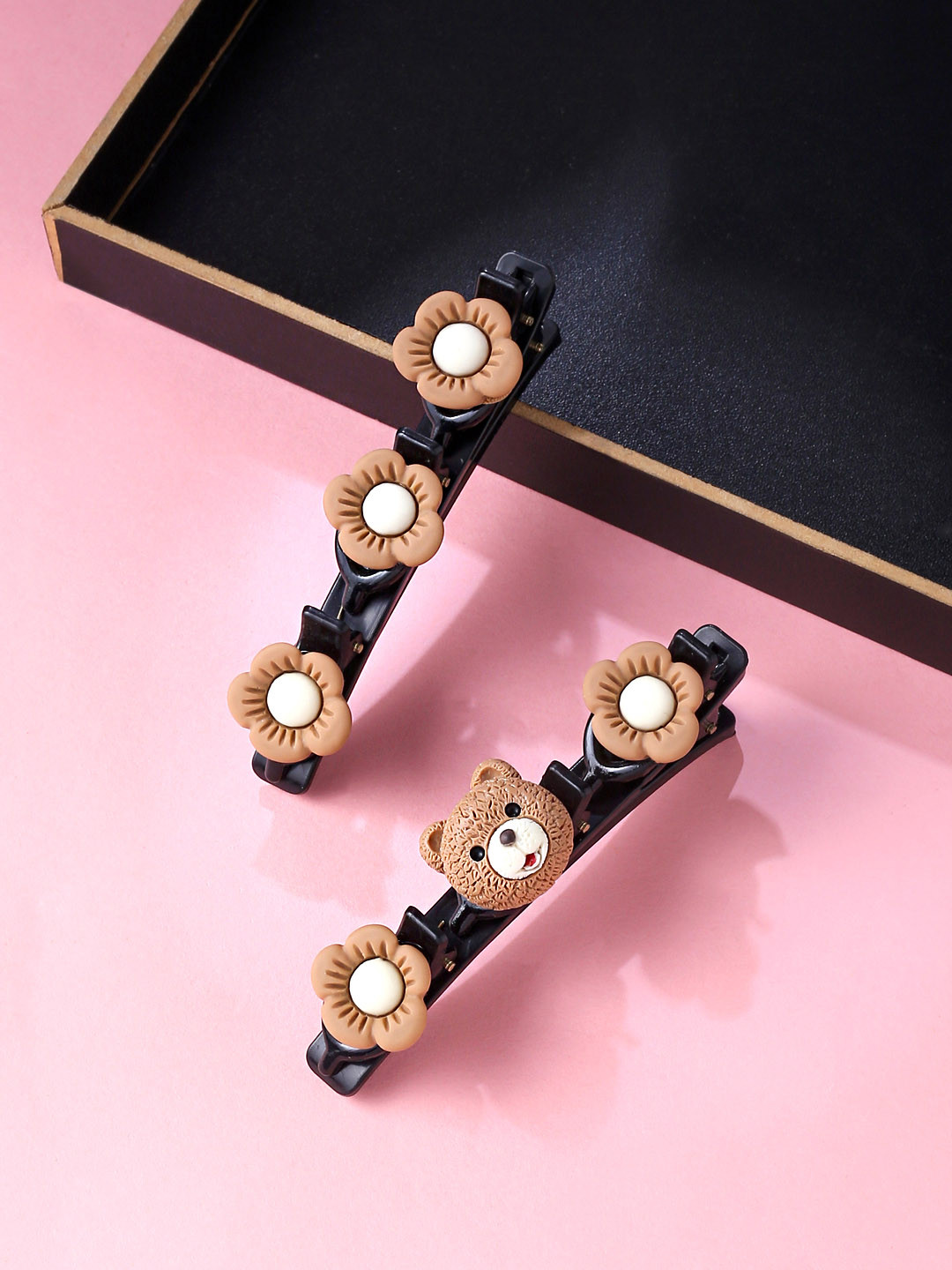 Yellow Chimes Women Brown & Black Set of Cute Teddy Bear Alligator Hair Clip