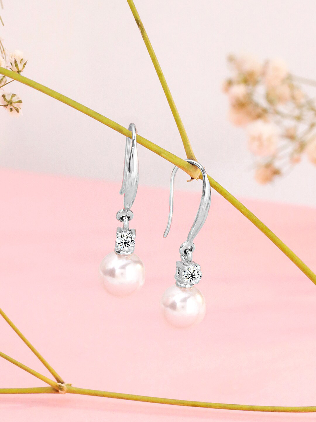 Yellow Chimes Crystal Silver Plated Pearl Drop Earrings