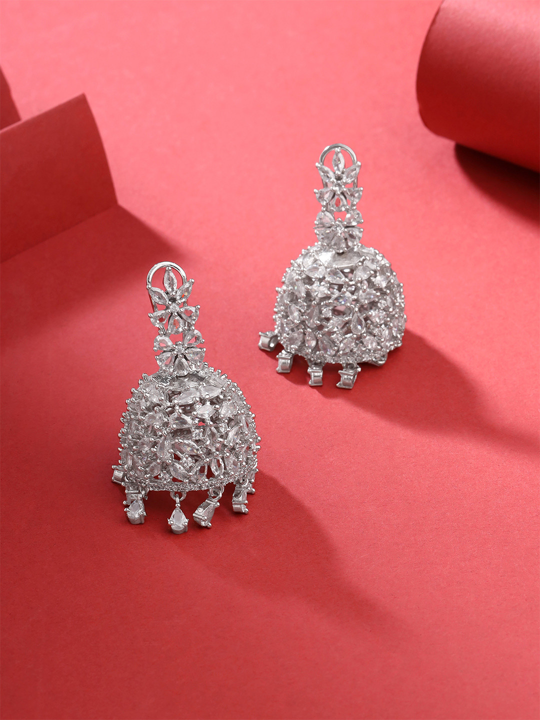 Yellow Chimes Silver-Toned Rhodium-Plated AD Studded Jhumka Earrings