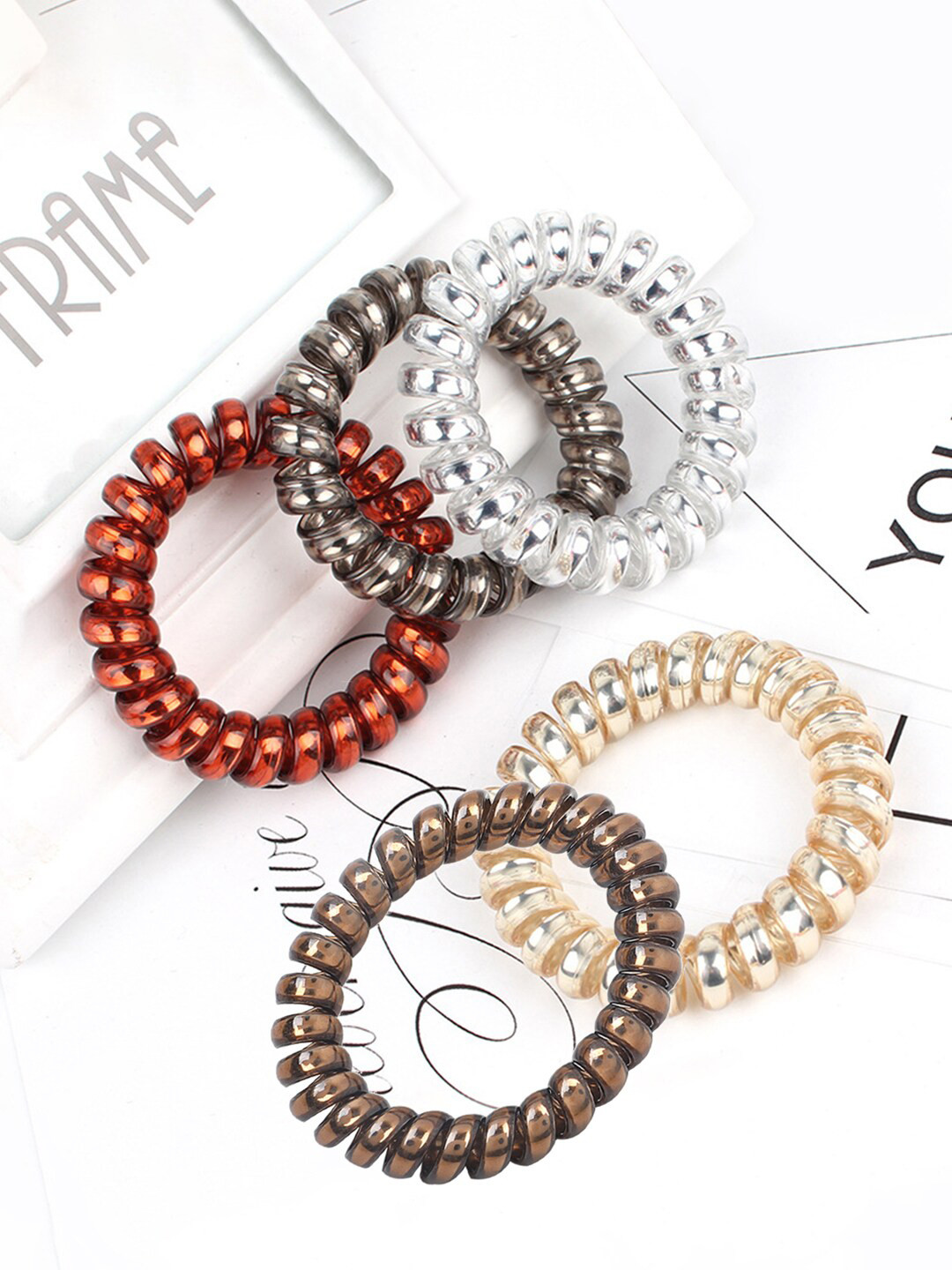 Yellow Chimes Women Red & White Set of 5 Spiral Ponytail Holders