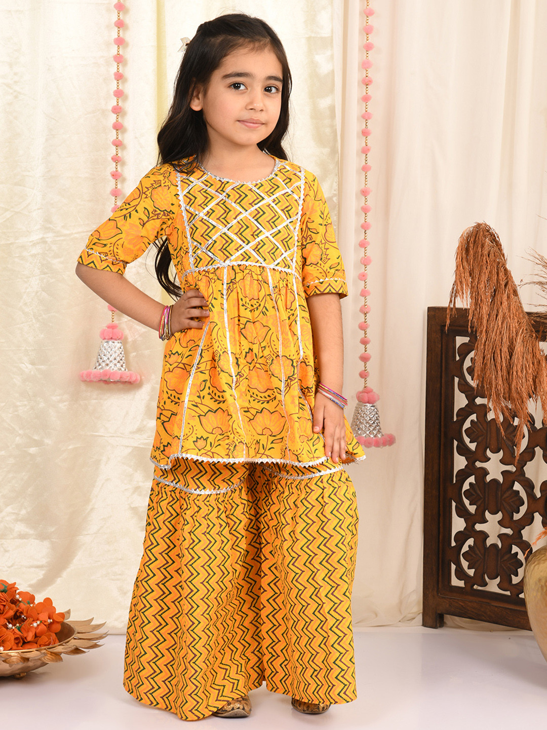 Superminis Girls Yellow Yoke Design Gotta Patti Pure Cotton Kurti with Sharara & With Dupatta
