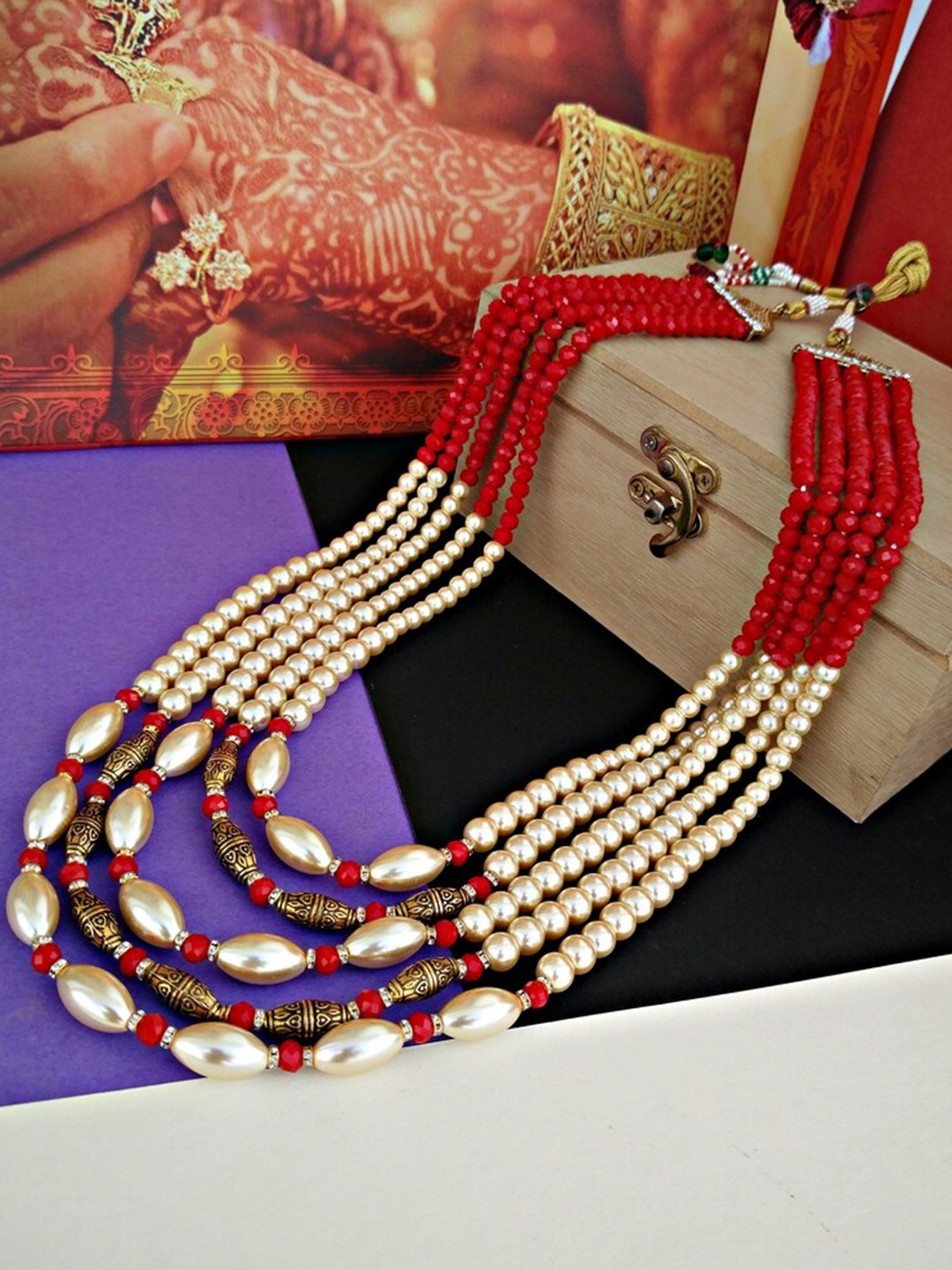 LUCKY JEWELLERY Designer Wedding Gold Red Color Layered Pearl Maharaja Haar Groom Necklace