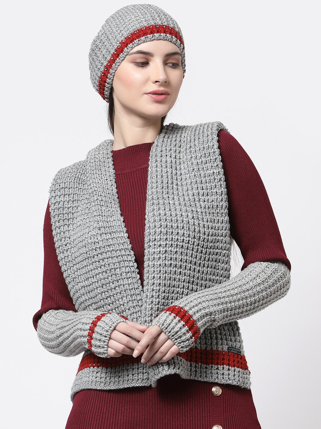 513 Women Grey & Red Pack Of 3 Knitted Mufflers Cap Arms Set