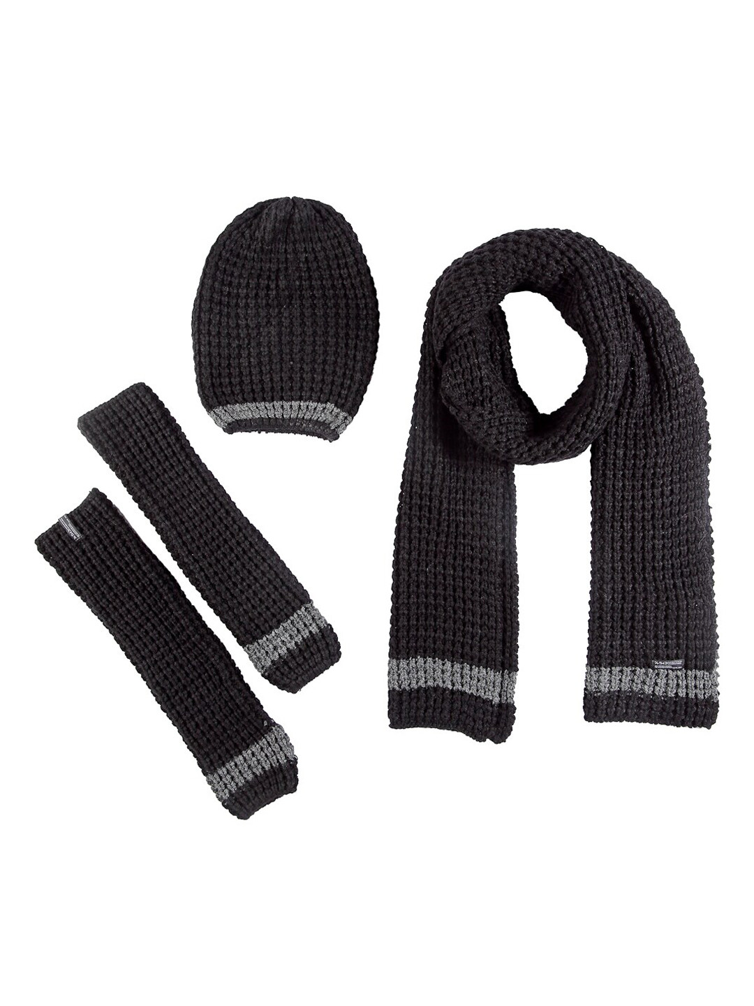 513 Women Black Solid Knitted Muffler Cap Arms Set
