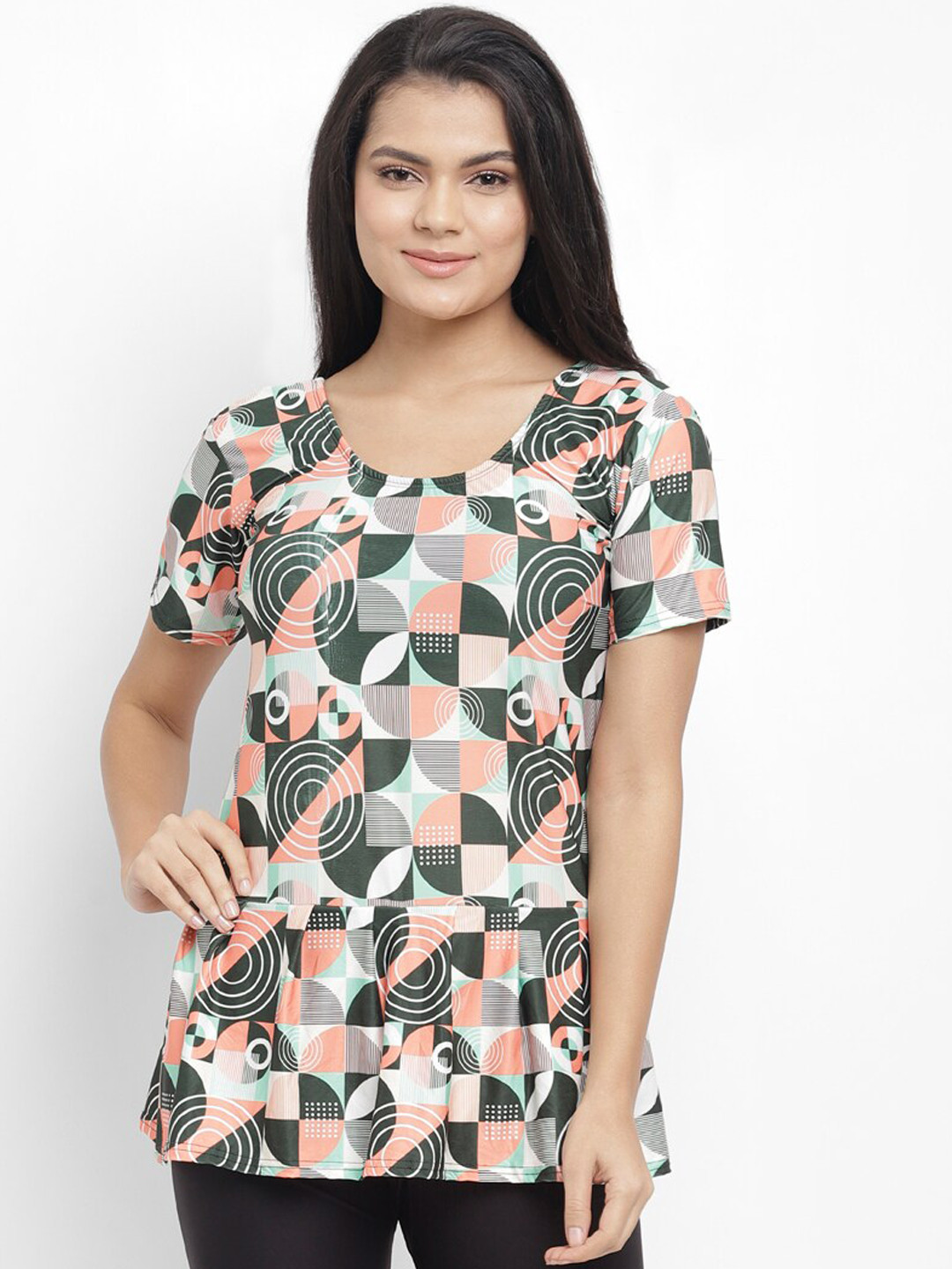 N-Gal Women White & Black Printed Peplum Swimsuit