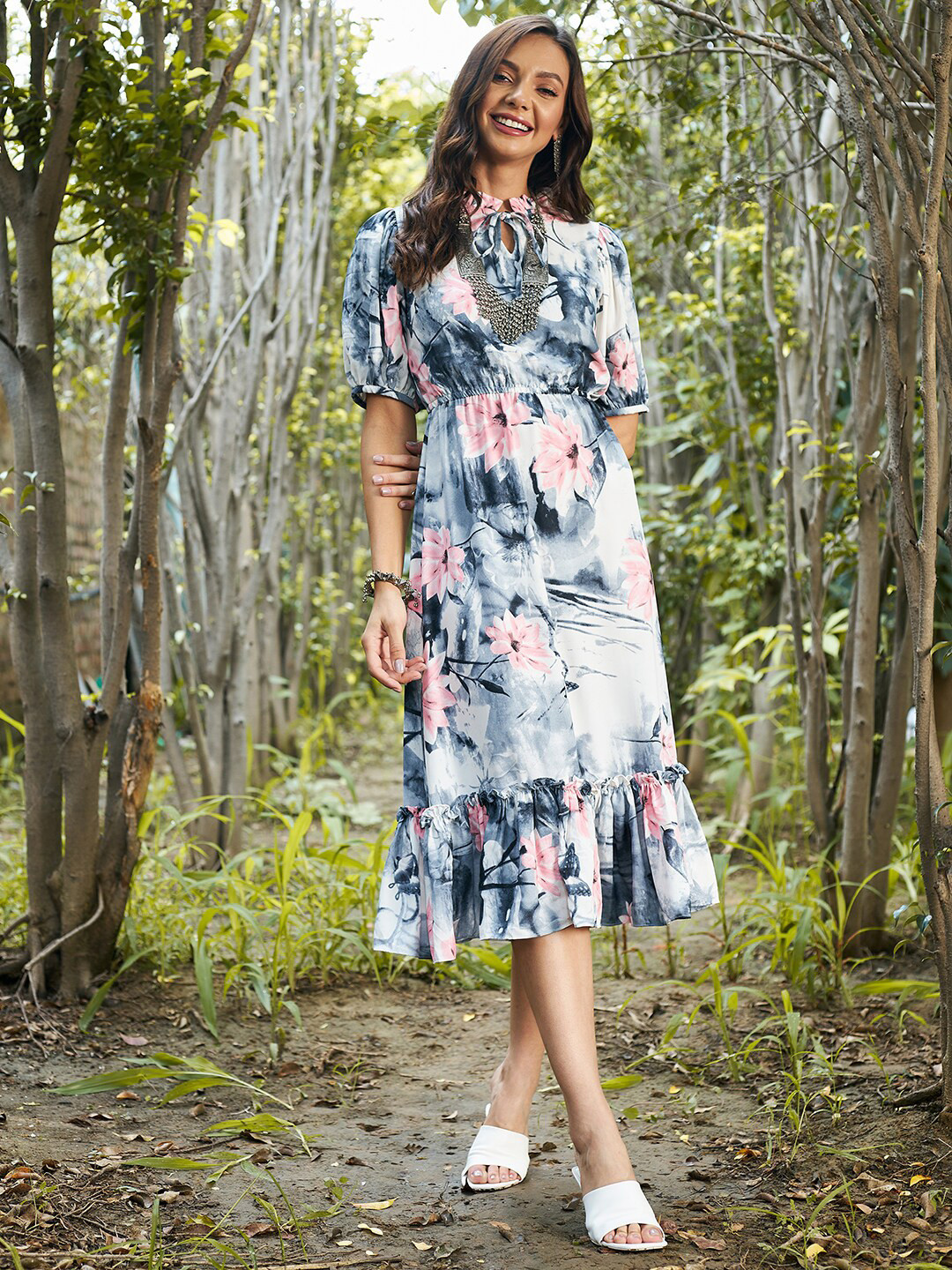 Athena Grey & Blue Floral Tie-Up Neck A-Line Midi Dress