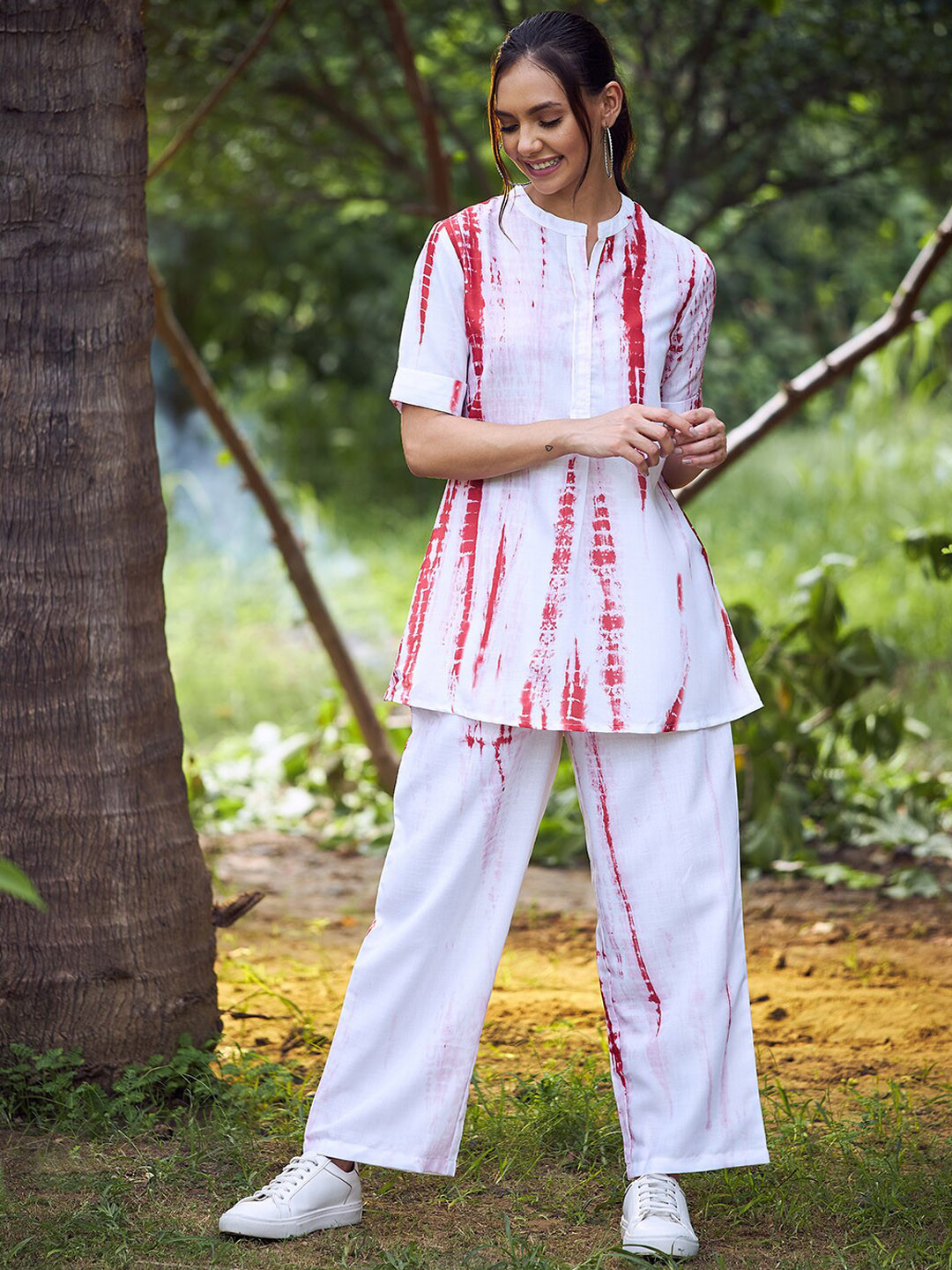 Athena Women Red Tie-Dye Shirt with Palazzos Co-Ords