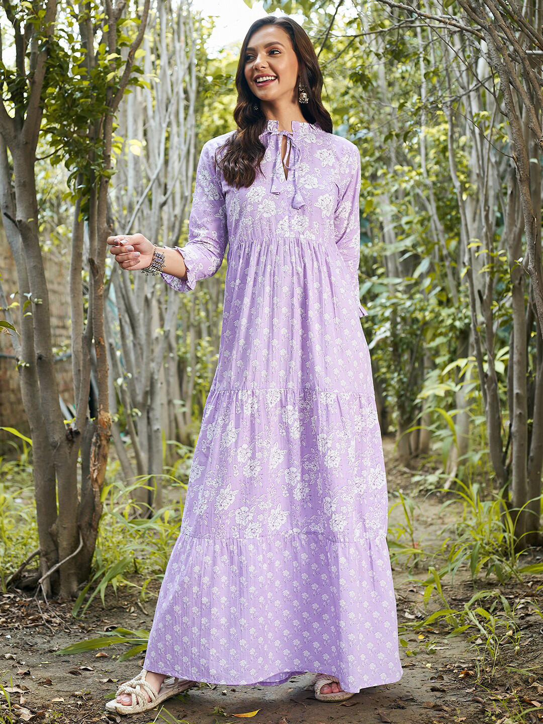 Athena Women Lavender Floral Tie-Up Neck Ethnic Maxi Dress