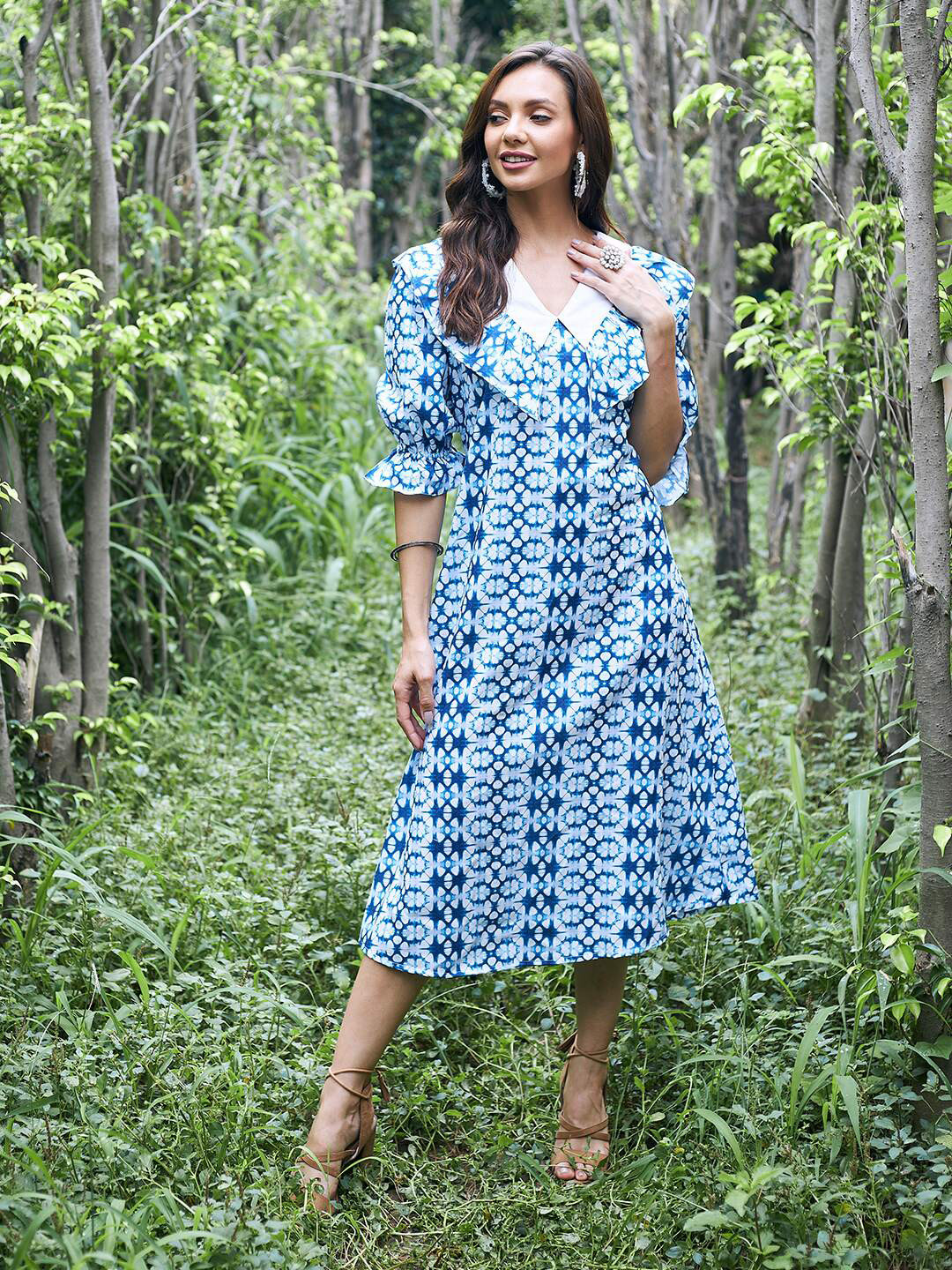 Athena Blue & White Printed Linen A-Line Midi Dress