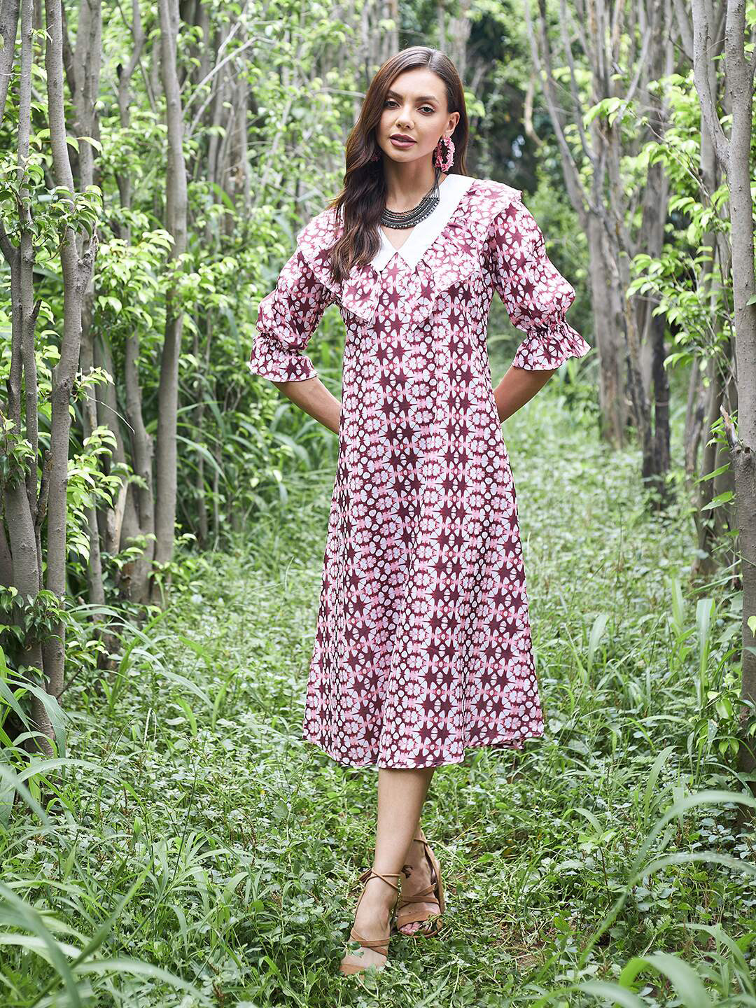 Athena Rust Ethnic Motifs Linen A-Line Midi Dress