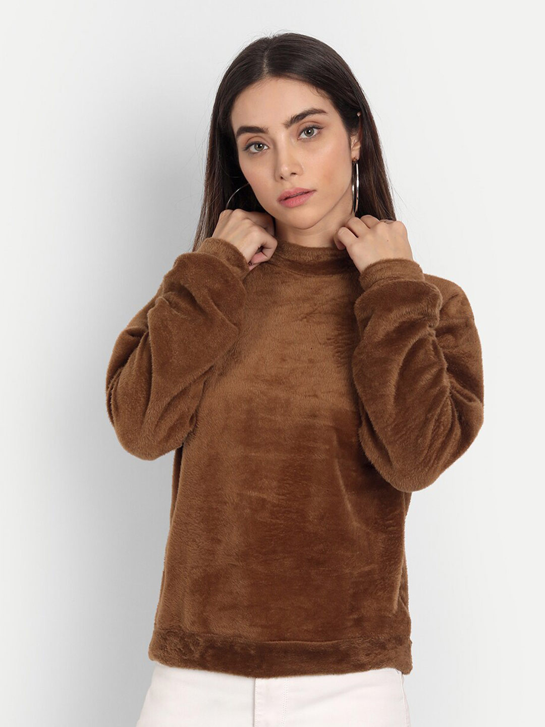 COLOR CAPITAL Brown Solid High Neck Top