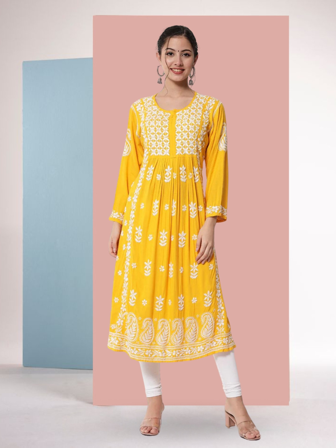 PARAMOUNT CHIKAN Women Mustard Chikankari Hand Embroidered Floral Anarkali Kurta