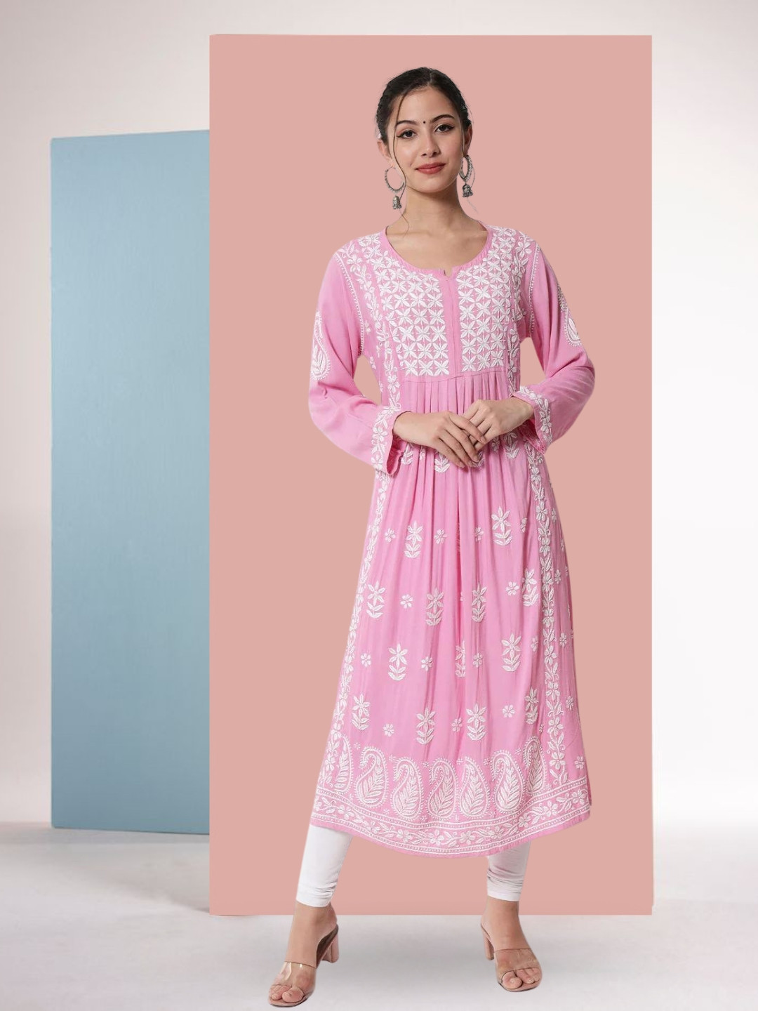 PARAMOUNT CHIKAN Women Pink Chikankari Hand Embroidered Floral Anarkali Kurta