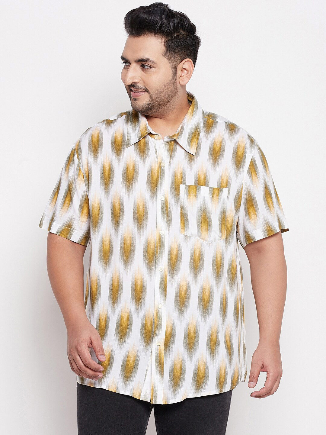 bigbanana Men Plus Size Yellow Comfort Printed Casual Shirt