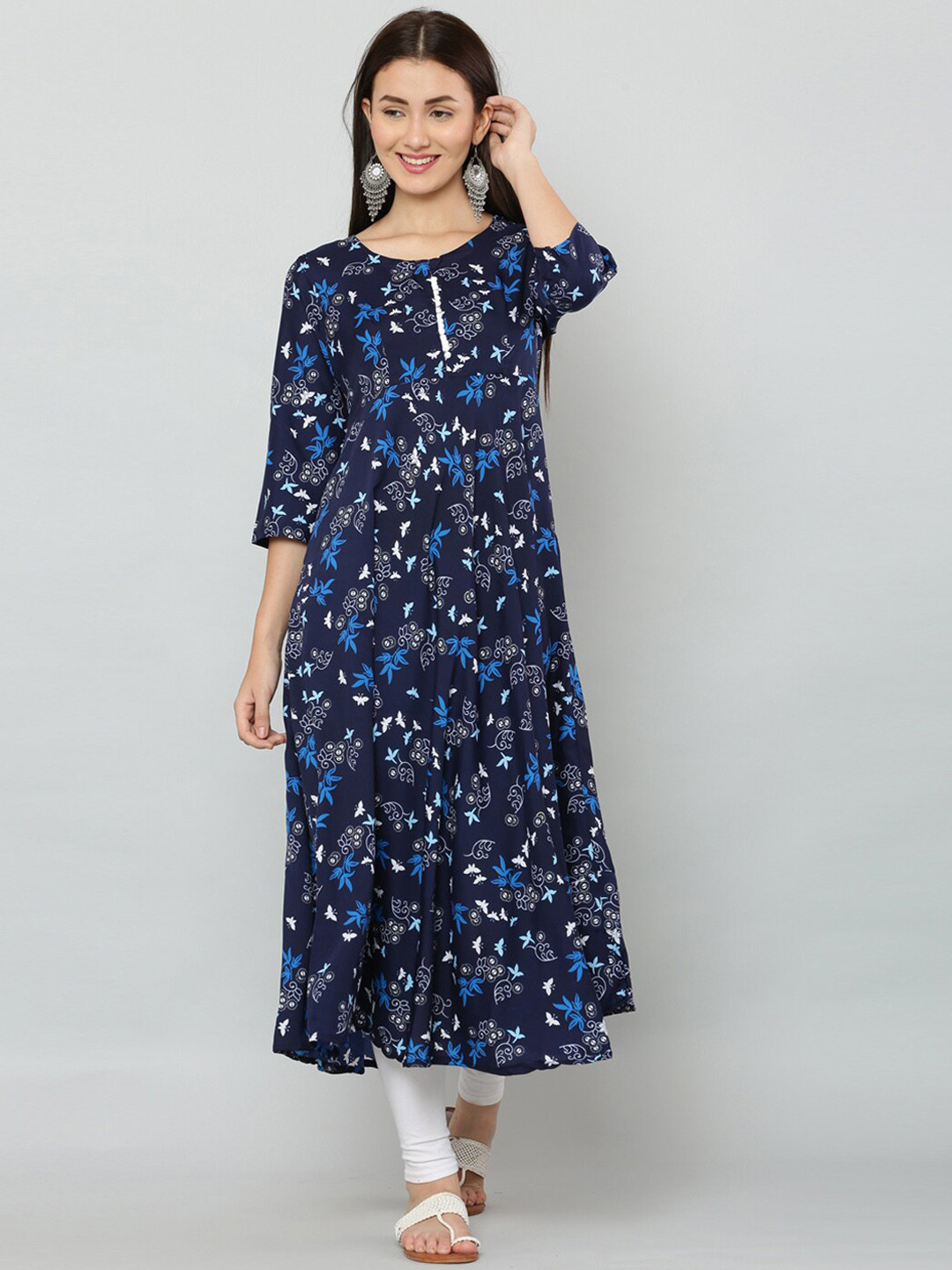 DEGE Women Navy Blue Floral Printed Crepe Anarkali Kurta