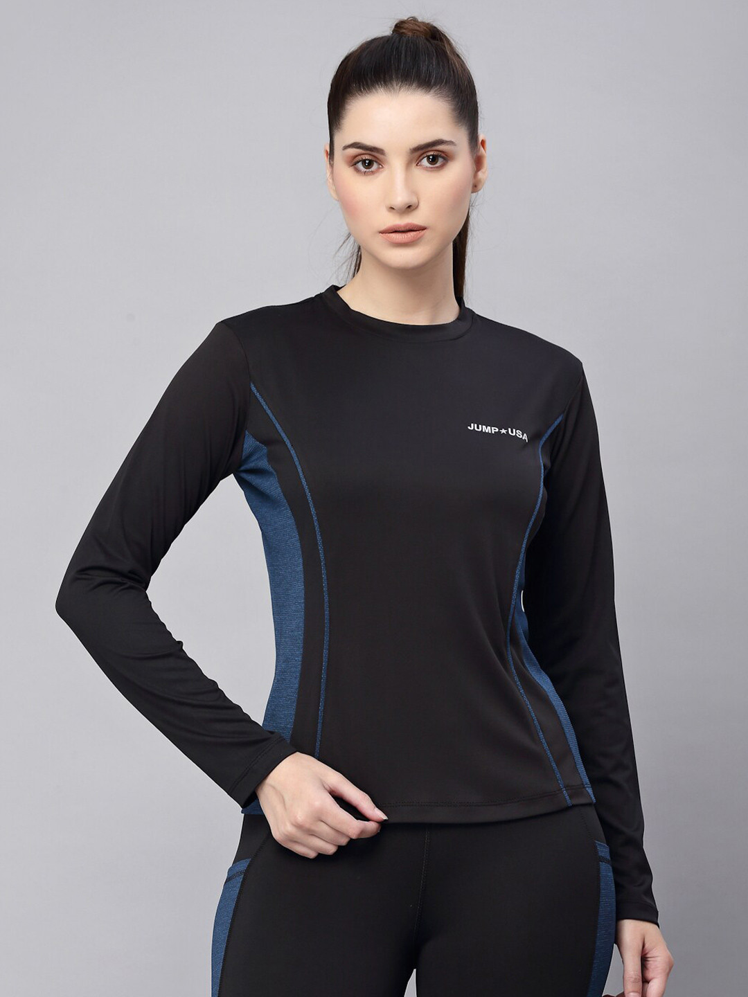 JUMP USA Women Black & Teal Rapid Dry T-shirt