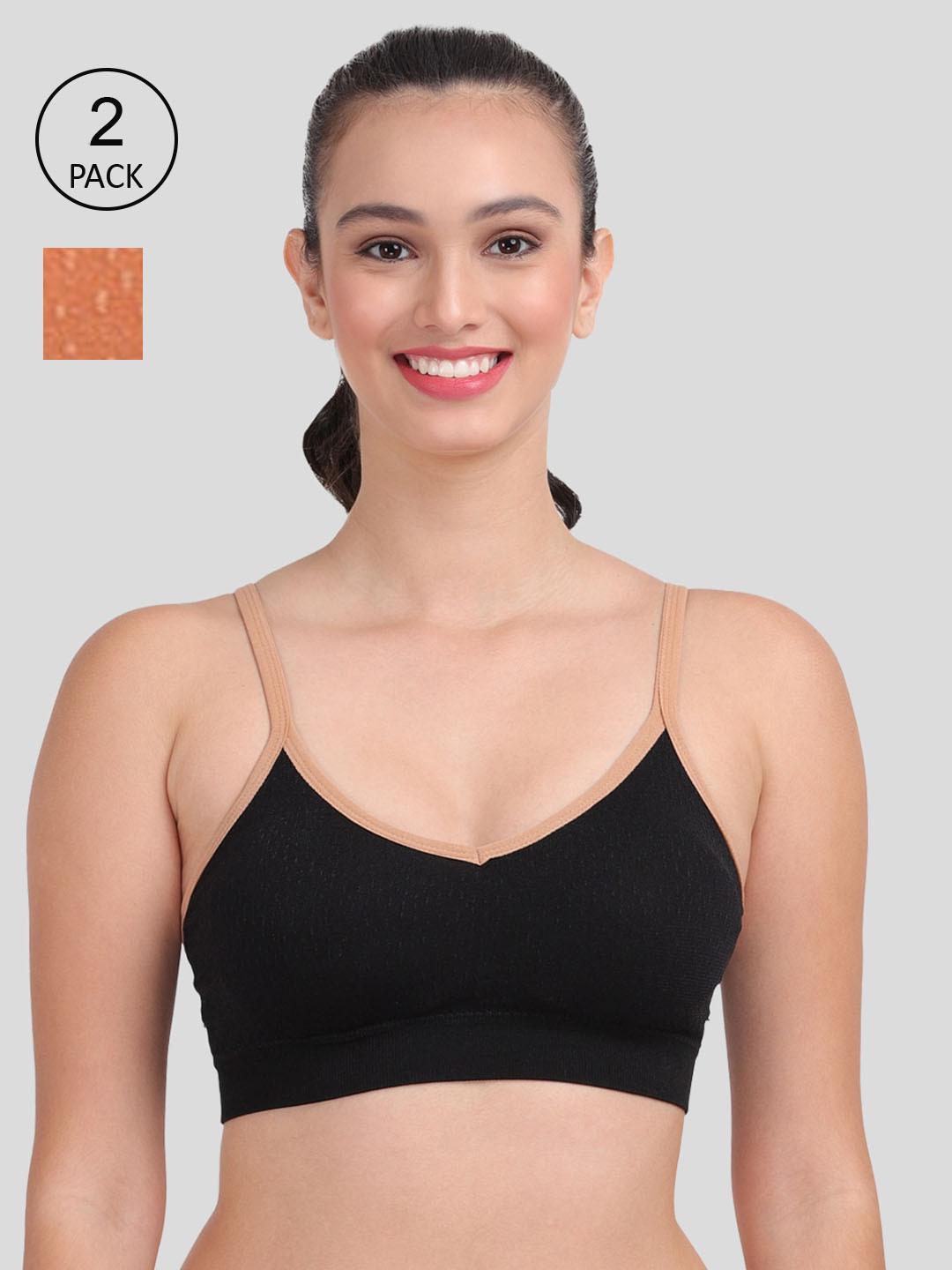 Amour Secret Set Of 2 Black & Rust Orange Non Padded & Non Wired Solid Workout Bra