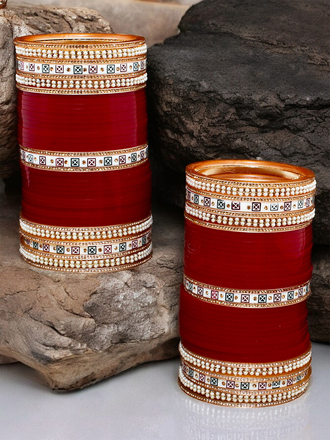 LUCKY JEWELLERY Maroon Red & CZ Studded Bangles Set