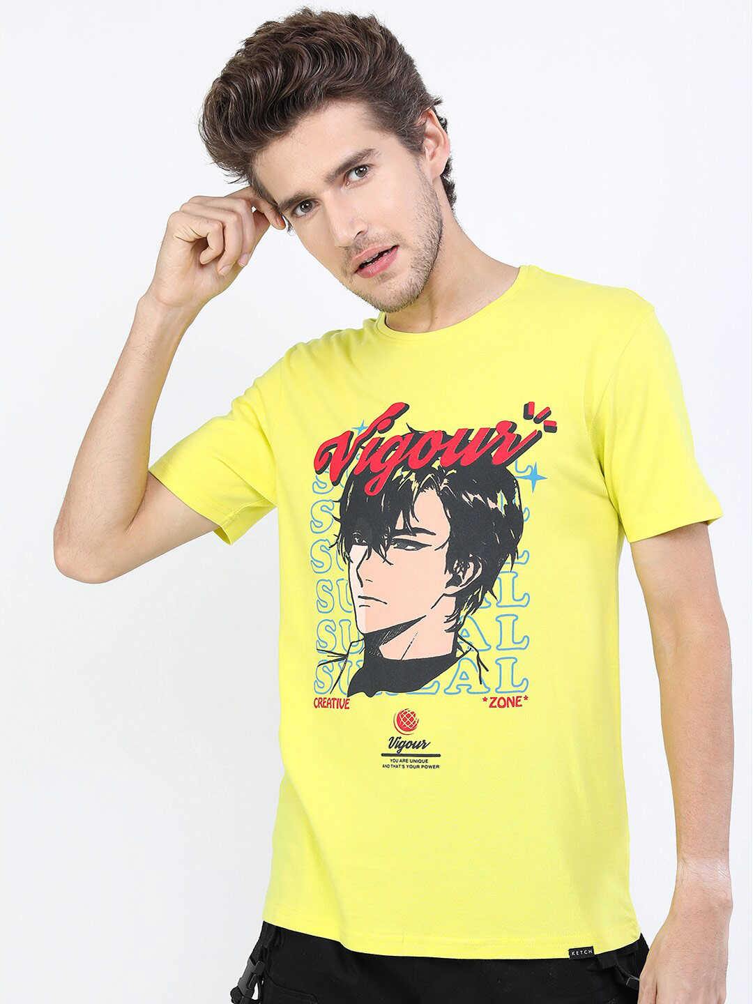 KETCH Men Yellow Printed Slim Fit T-shirt
