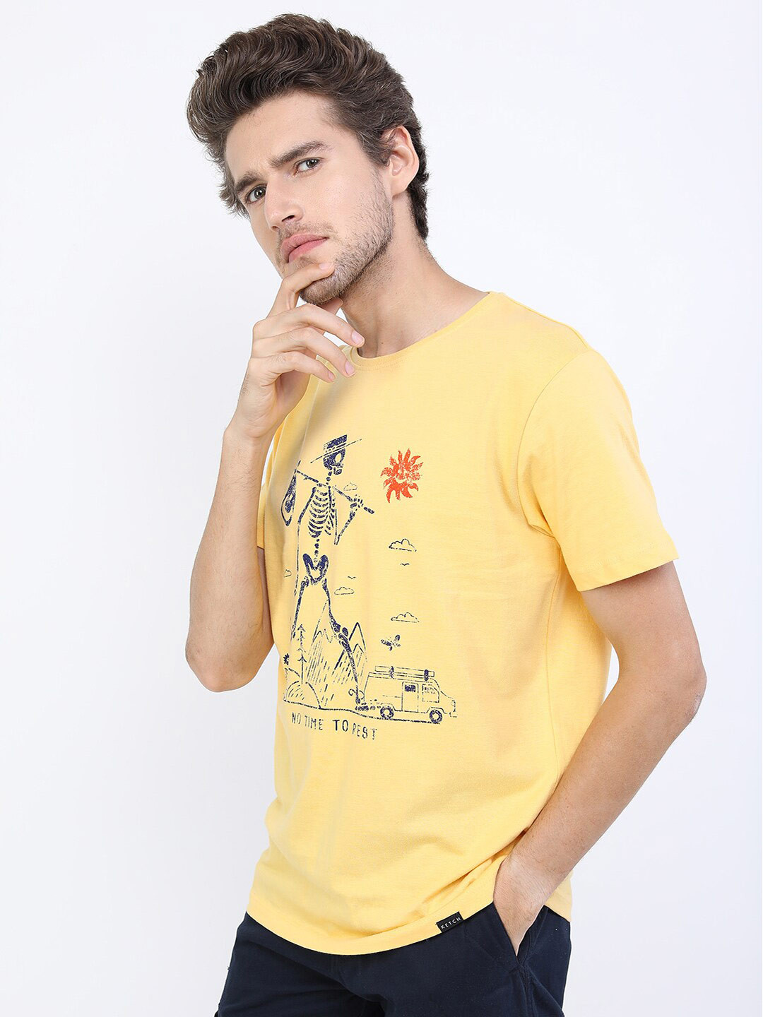 KETCH Men Yellow Printed Cotton Slim Fit T-shirt
