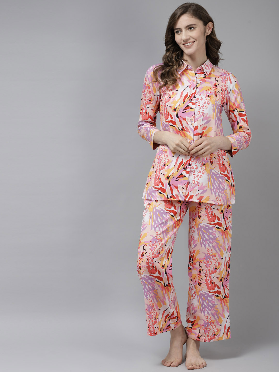 Prakrti Women Peach-Coloured & Yellow Printed 3 Piece Night suit