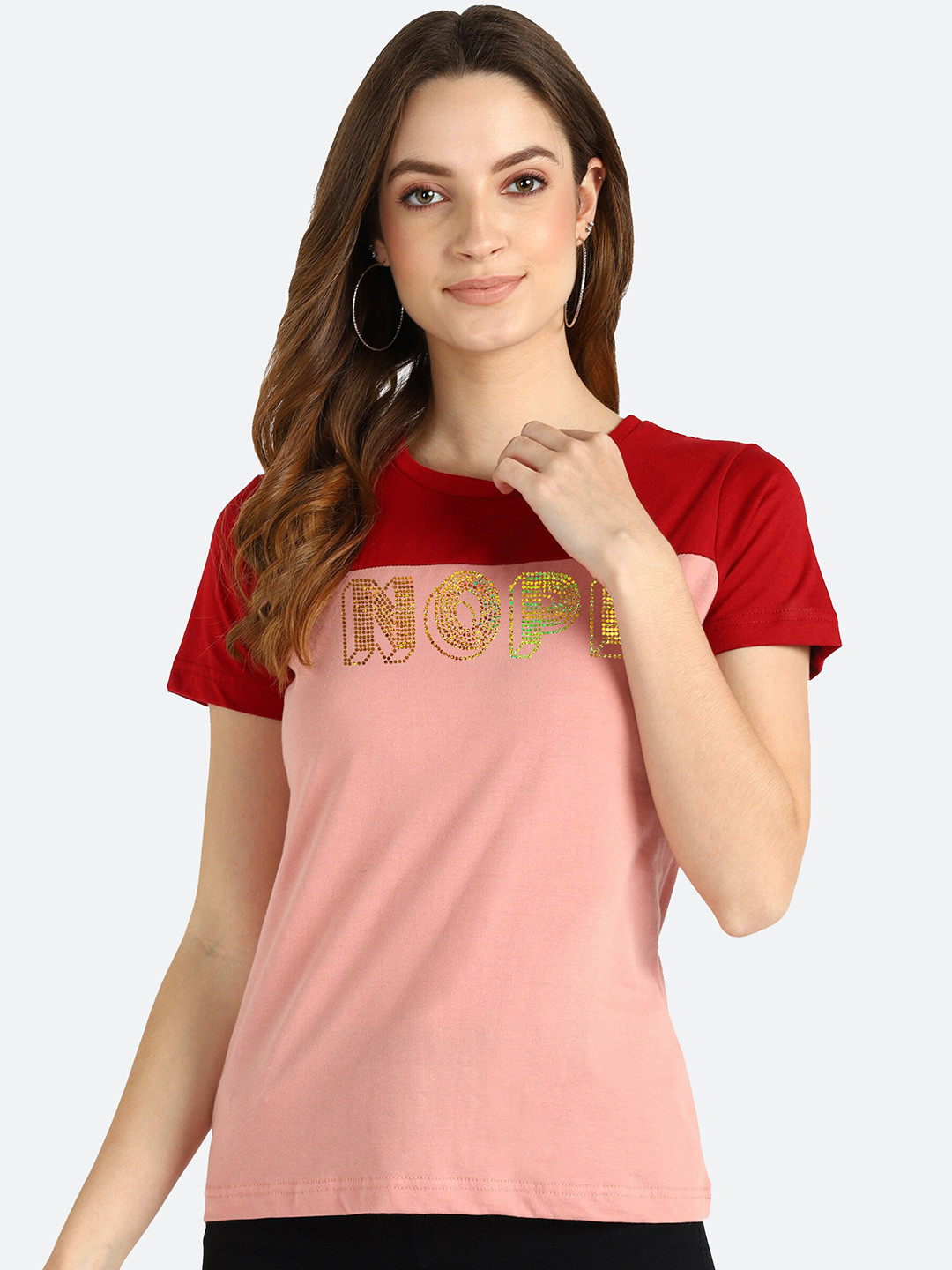 shashvi Women Peach-Coloured & Red Typography Printed T-shirt