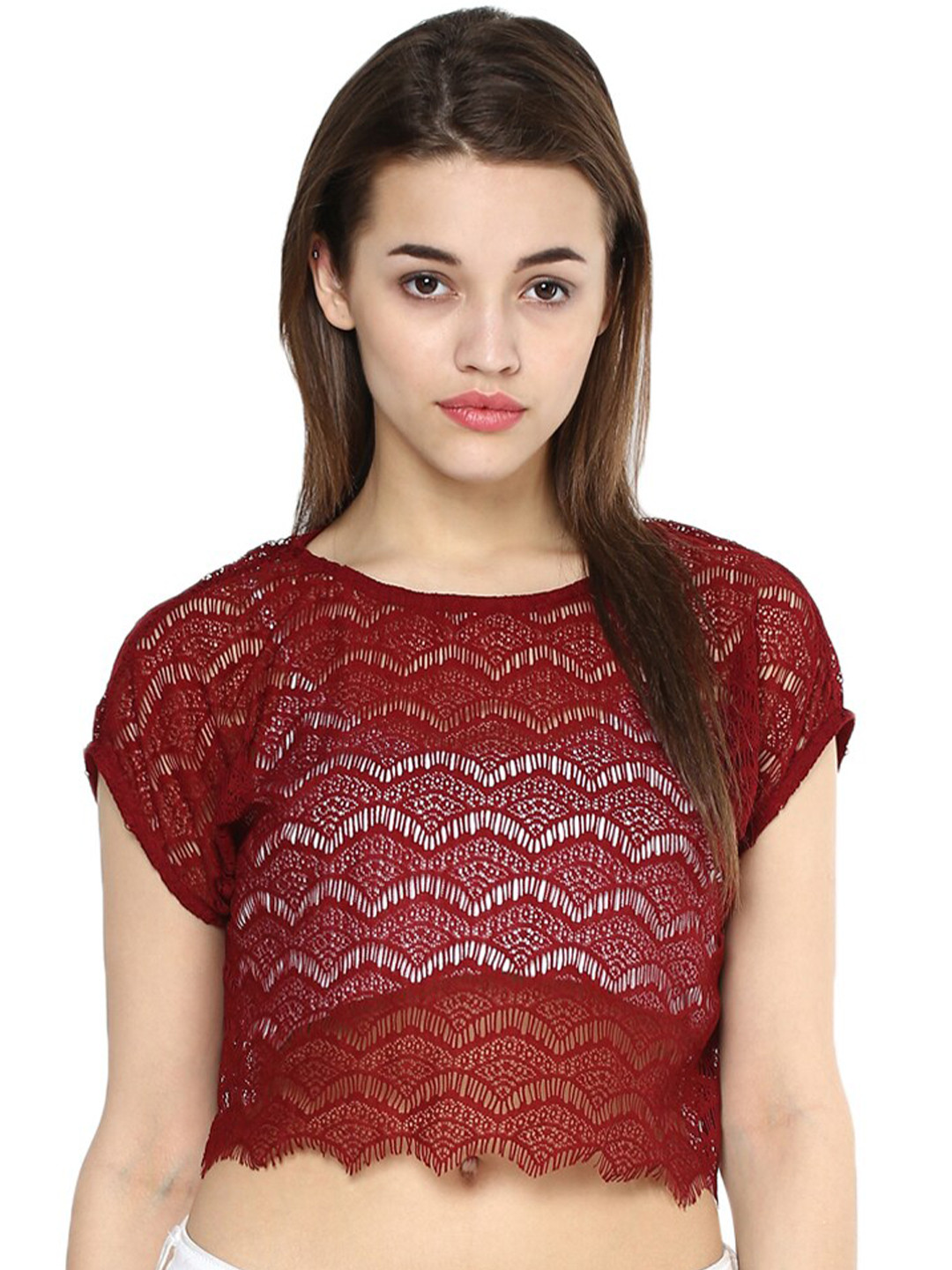 La Zoire Maroon Self Design Lace Regular Pure Cotton Crop Top