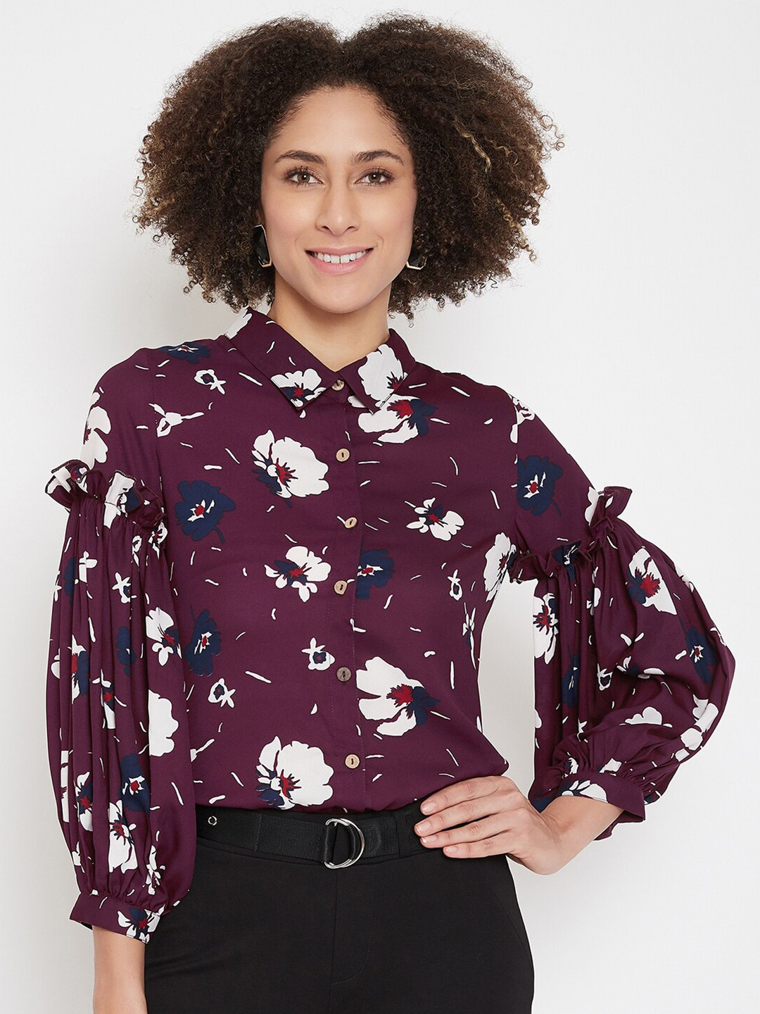 La Zoire Purple Floral Print Bishop Sleeves Georgette Shirt Style Top