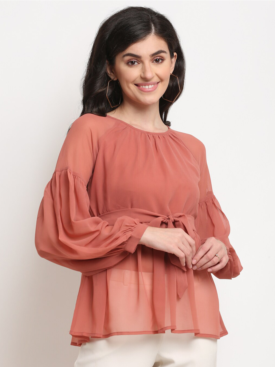 La Zoire Pink Bishop Sleeves Georgette Peplum Top