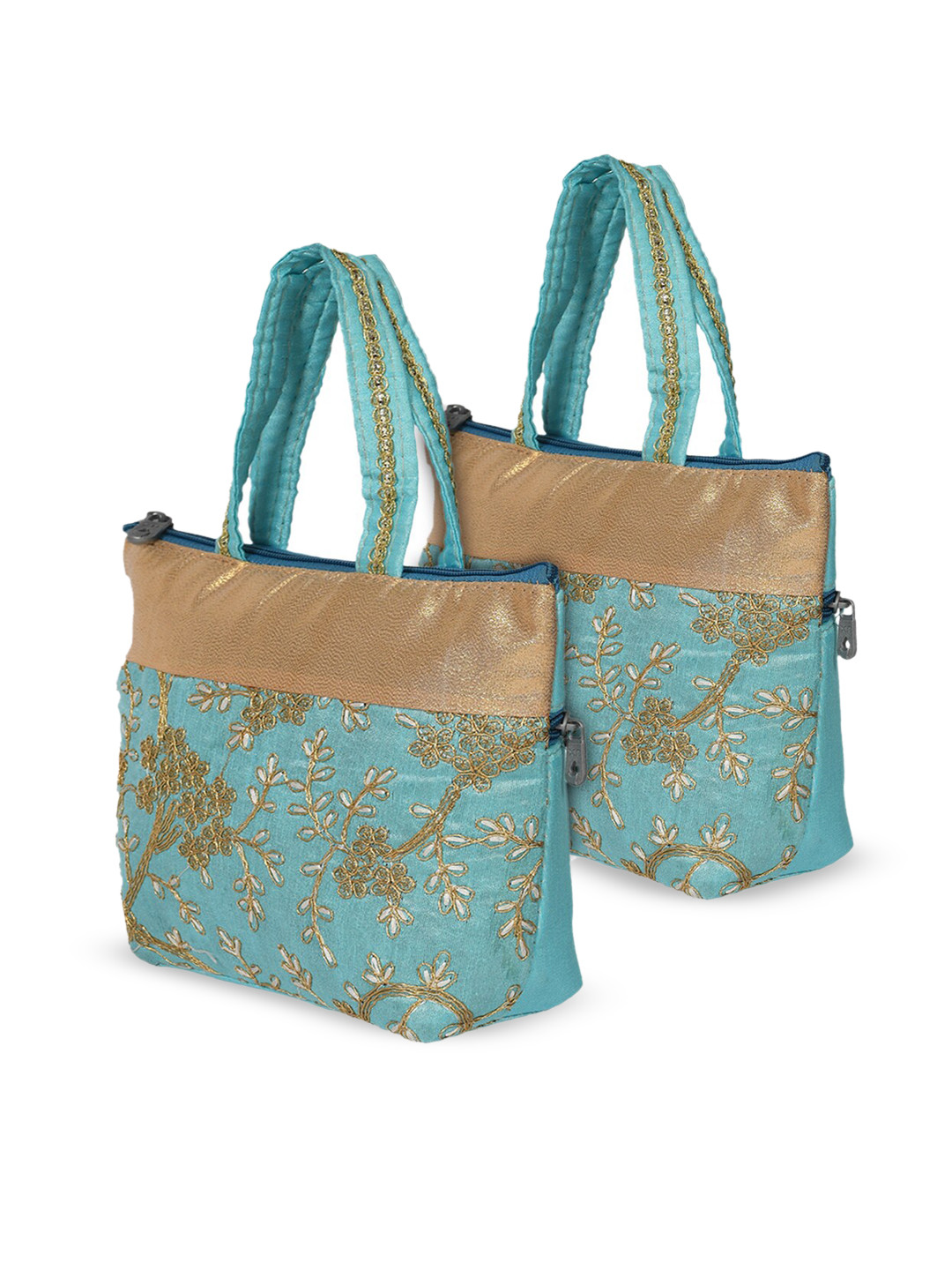 Kuber Industries Pack Of 2 Blue & Yellow Embellished Shopper Handheld Bag