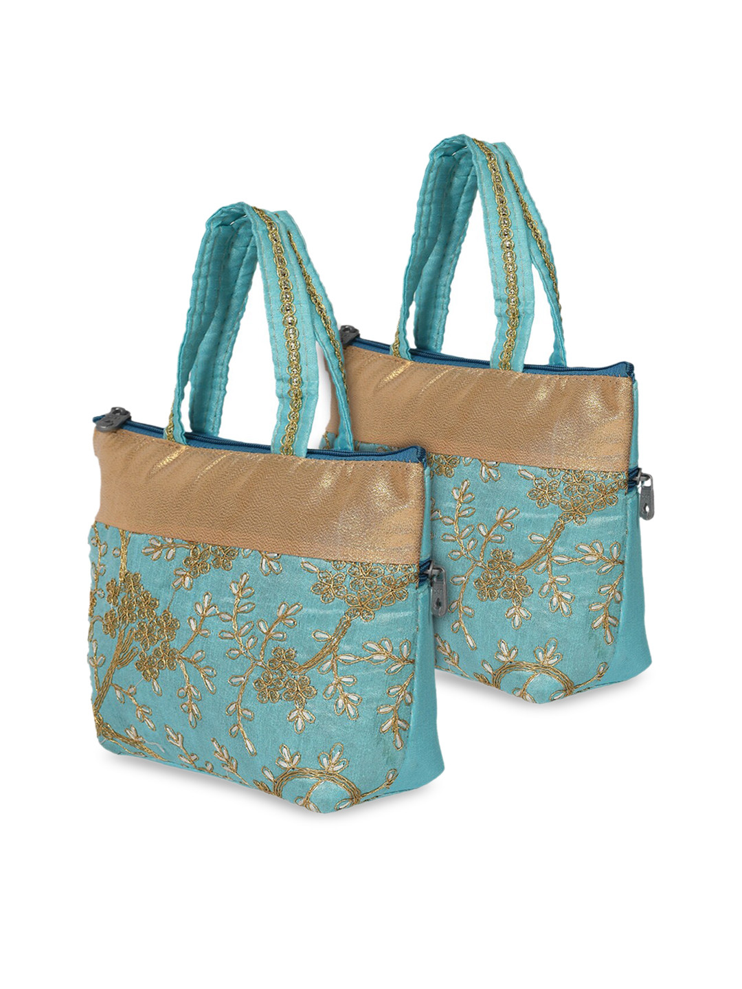 Kuber Industries Pack Of 2 Blue & Gold-Toned Floral Embellished Shopper Handheld Bag