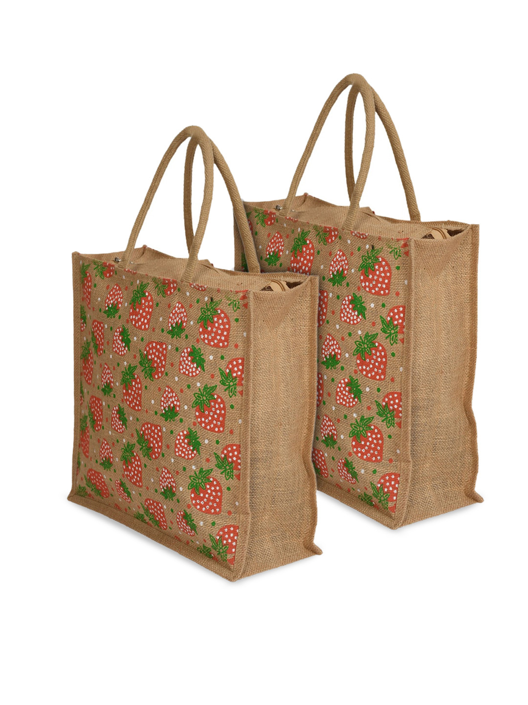 Kuber Industries Brown Strawberry Print Jute Hand Bag/Grocery Bag With Handle Pack of 2