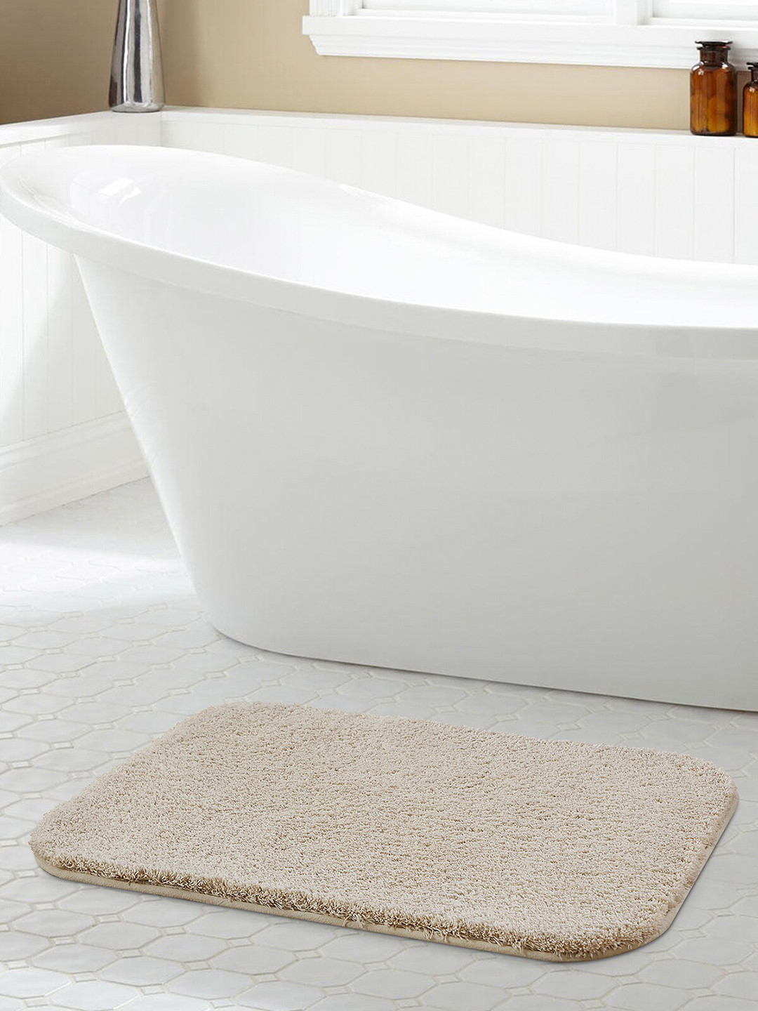 OBSESSIONS Cream Coloured Solid 2200 GSM Anti-skid Bath Rugs