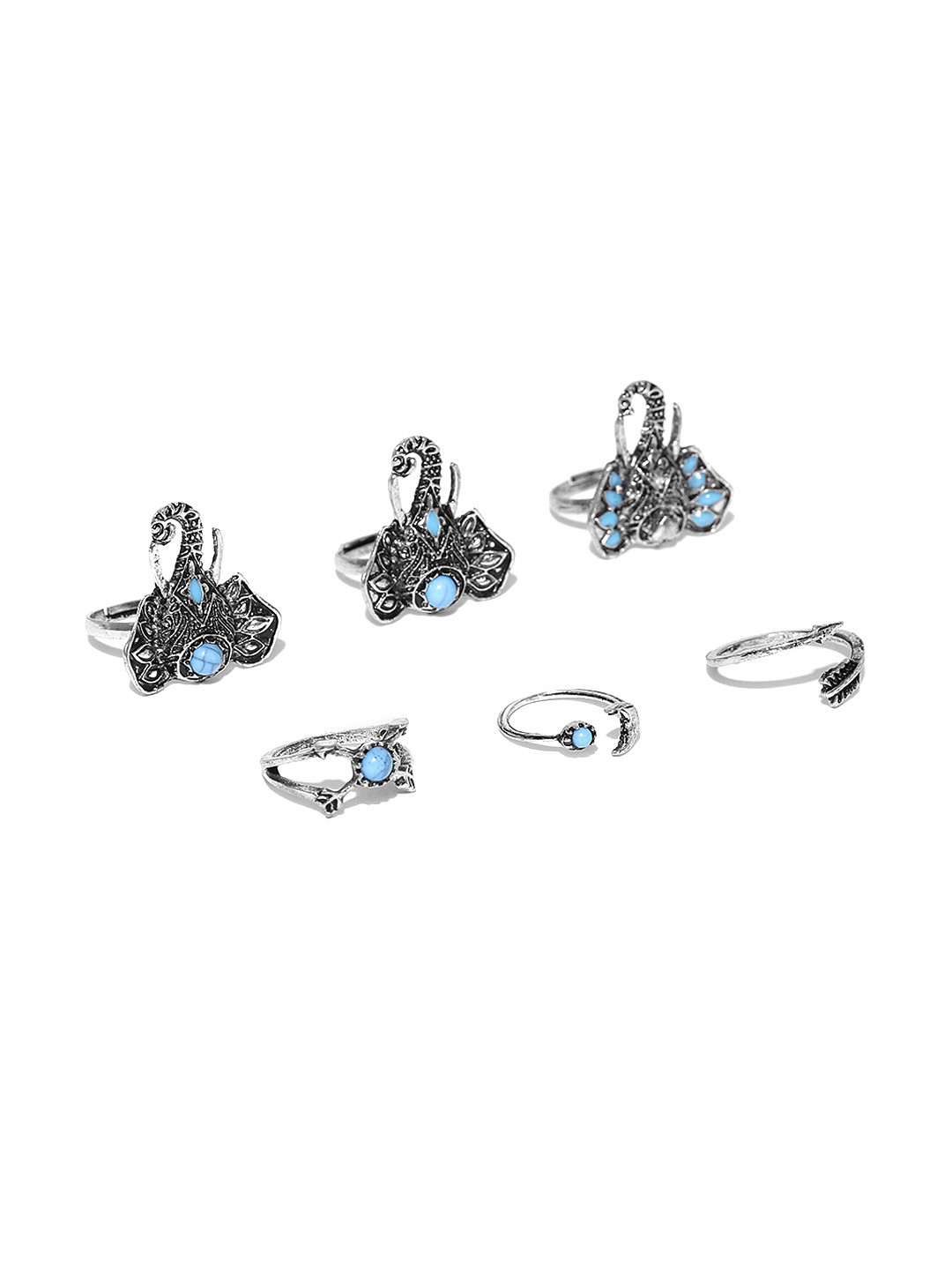 Shining Diva Fashion Set of 6 Oxidised Silver-Toned  Turquoise Blue Rings
