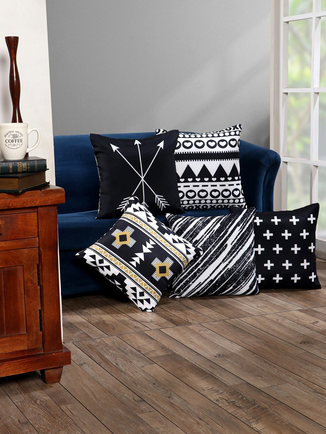 SOKNACK Printed Black Geometric Jute Cotton Lightweight 5 Pcs Cushion Covers -16x16In
