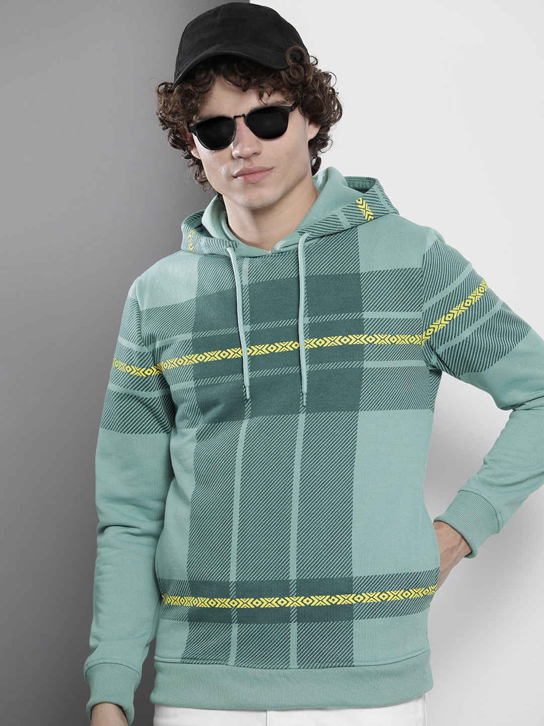 The Indian Garage Co Men Sea Green Checked Hooded Sweatshirt