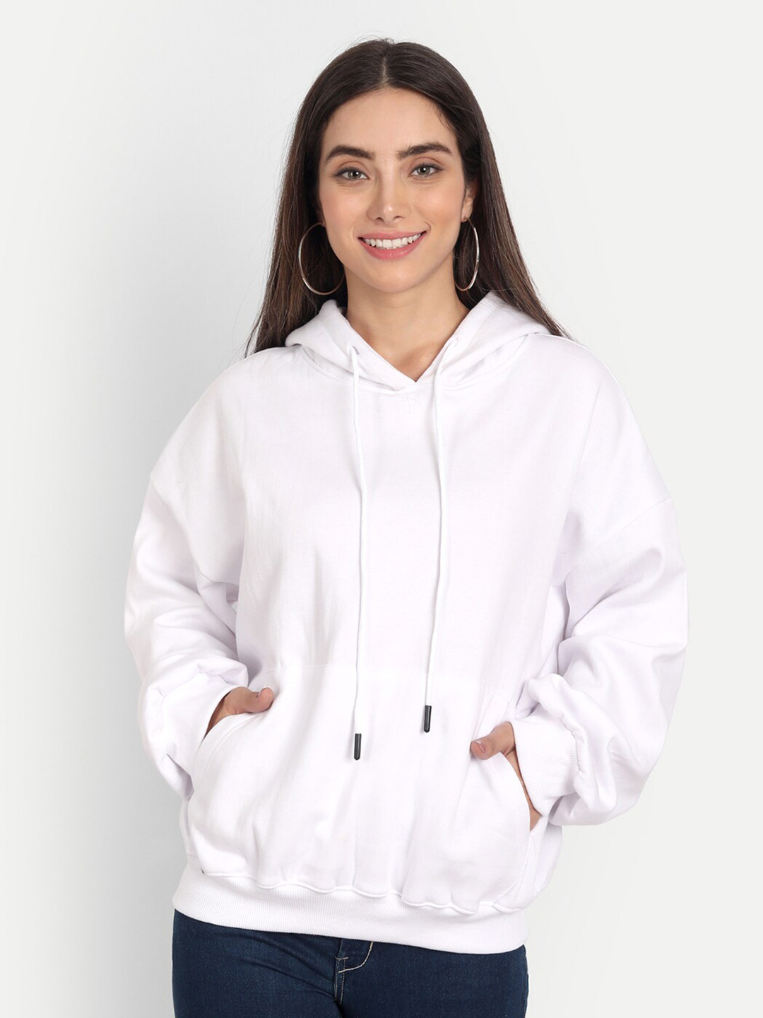 COLOR CAPITAL Women White Solid Hooded Sweatshirt