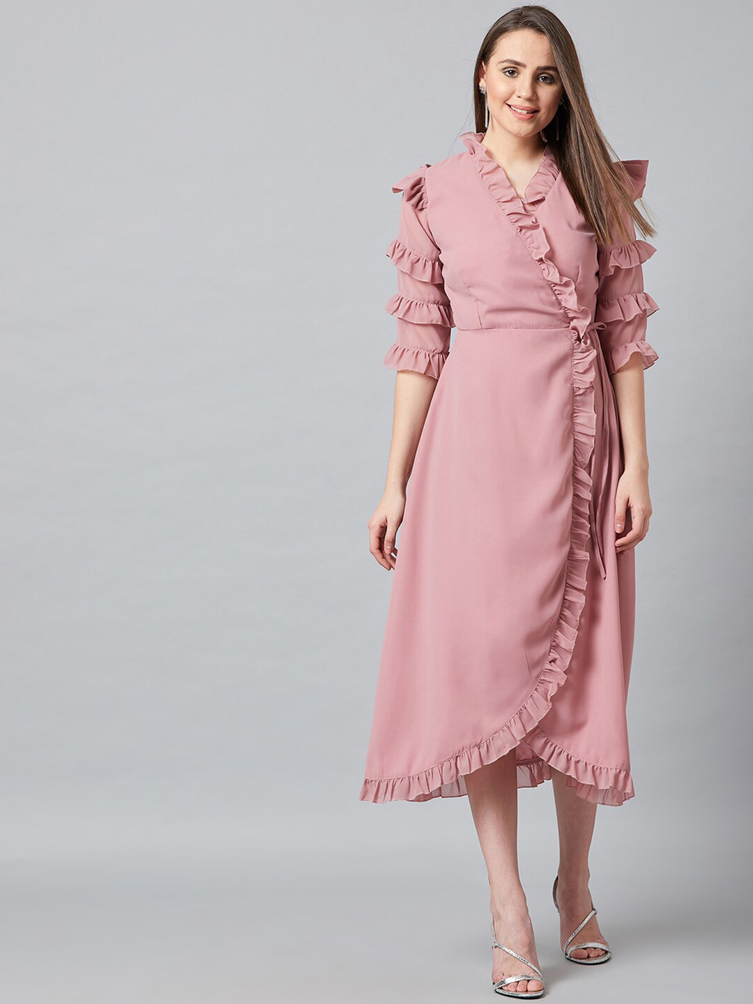 PANIT Pink Georgette Solid Midi Wrap Dress