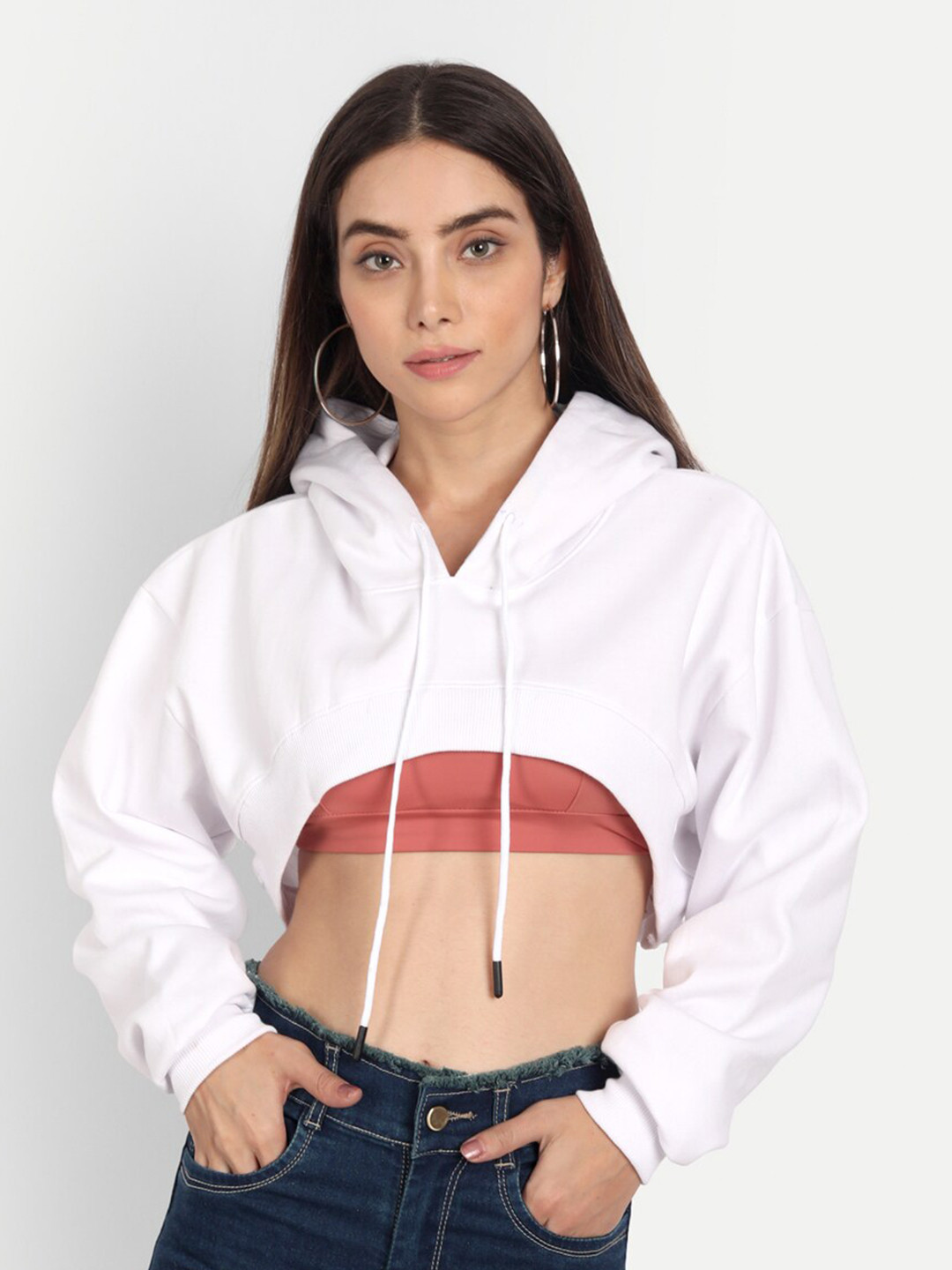 COLOR CAPITAL Women White Solid Hooded Sweatshirt
