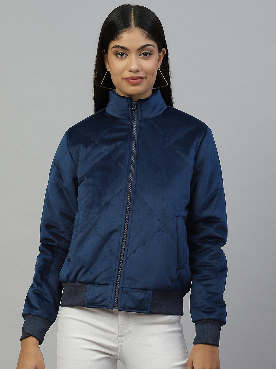 Pierre Carlo Women Navy Blue Bomber Jacket