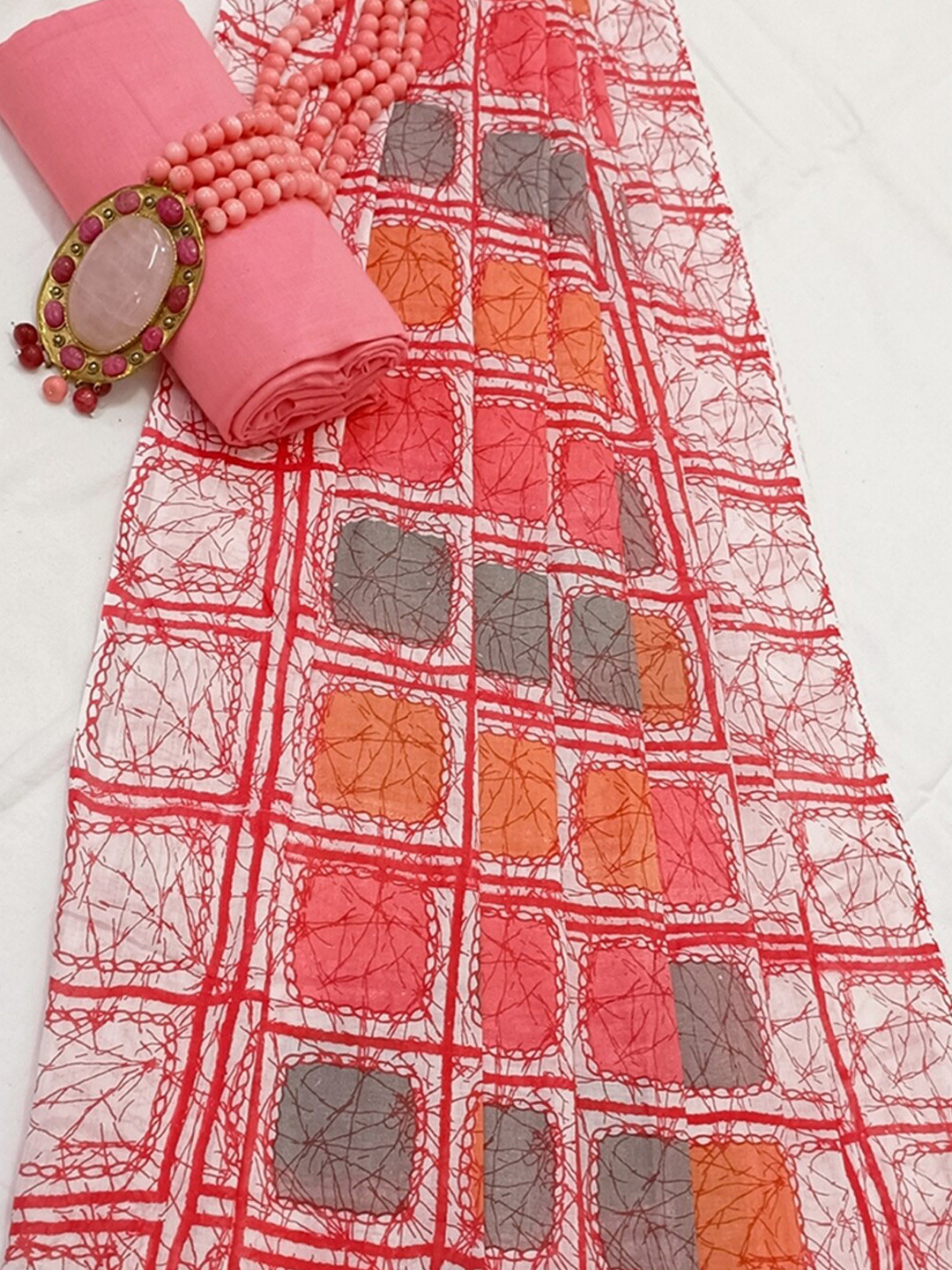 SALWAR STUDIO Women Pink & White Printed Pure Cotton Unstitched Dress Material