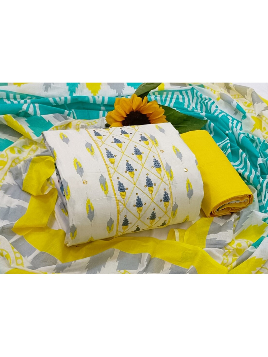 SALWAR STUDIO White & Yellow Printed Pure Cotton Unstitched Dress Material