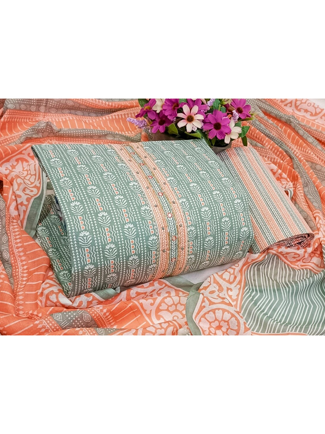 SALWAR STUDIO Grey & Peach-Coloured Printed Pure Cotton Unstitched Dress Material